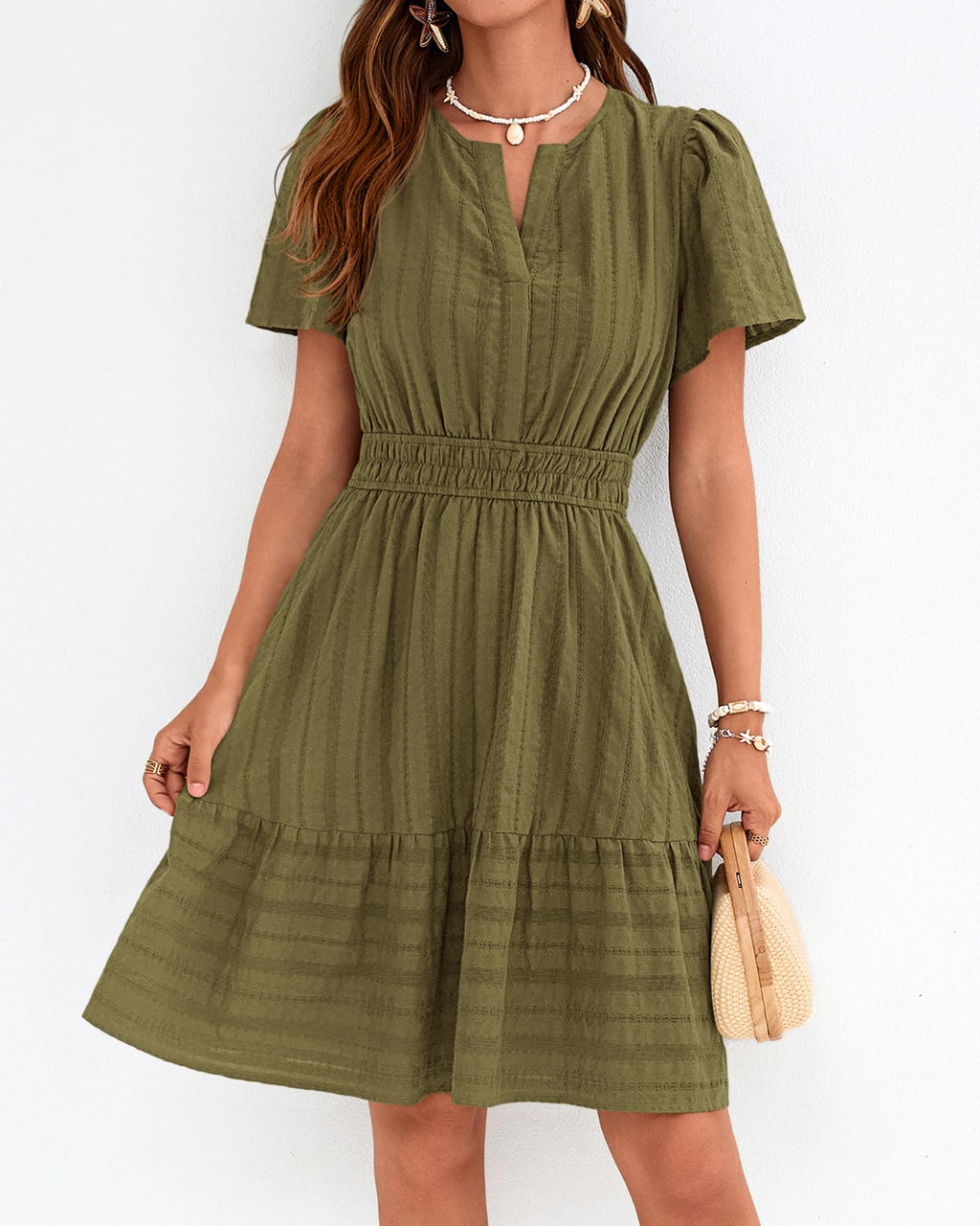 BTFBM Womens Spring  Casual Mini Dresses Lightweight Short Sleeve V Neck Elastic Waist Cute Boho Beach Dress Pockets