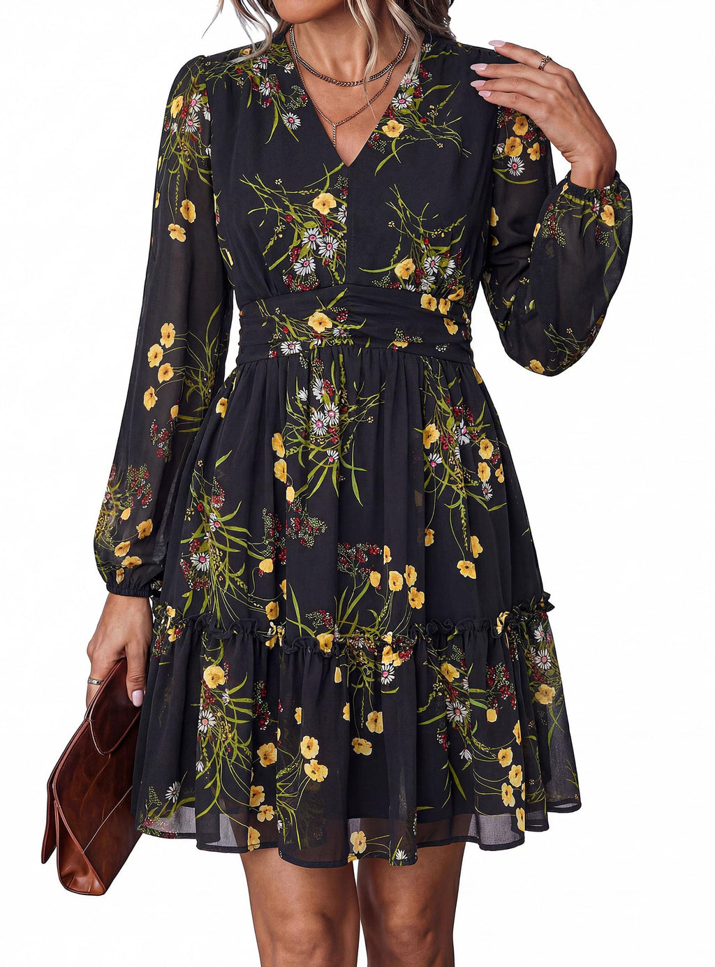 PRETTYGARDEN Women Floral Long Sleeve Mini Dress | Fall Wedding Guest Dresses, V Neck, Fit & Flare, Ruffle Hem A-Line, Short Chiffon Dress, Elegant Holiday Party, Date Outfits