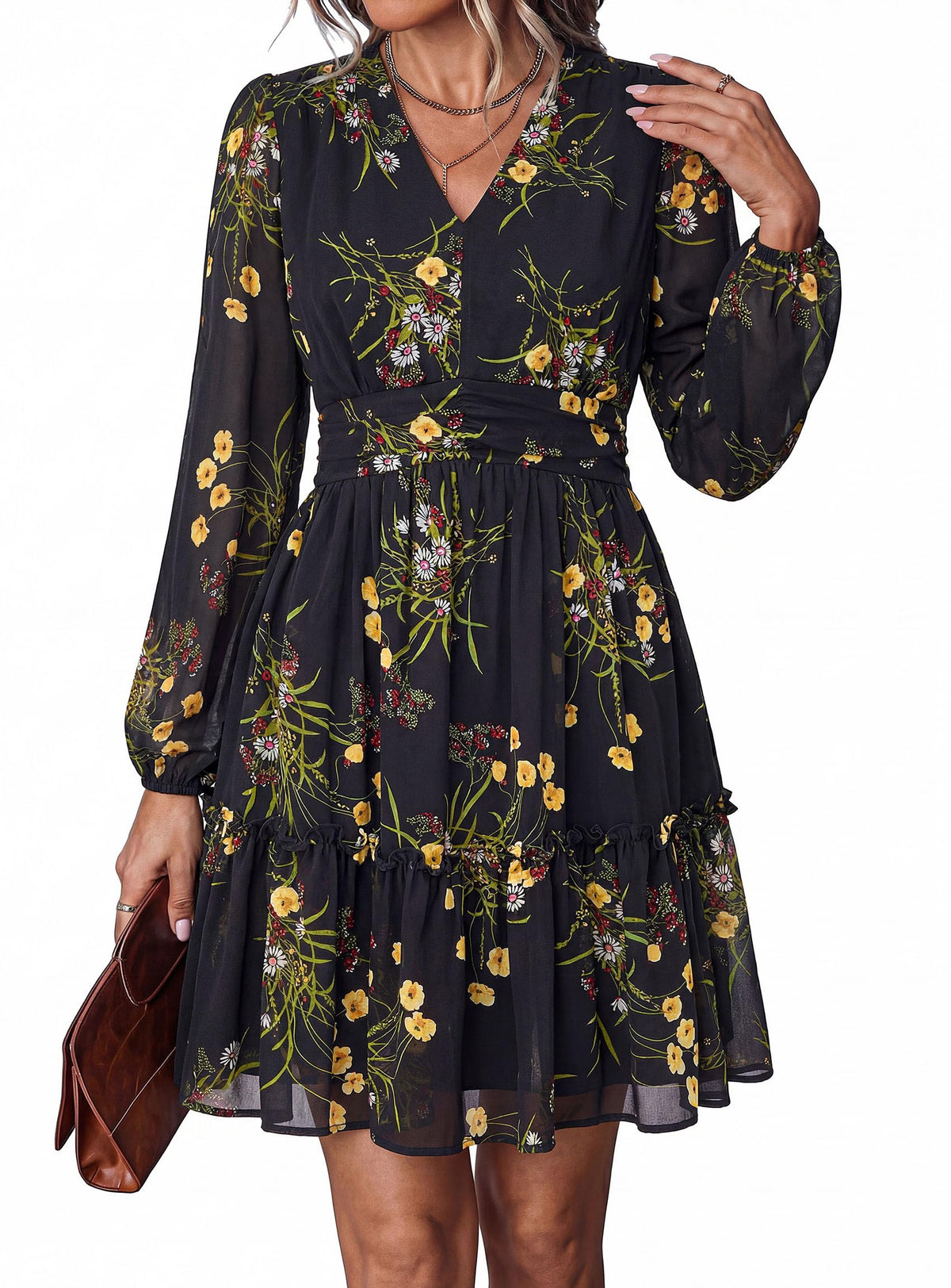 PRETTYGARDEN Women Floral Long Sleeve Mini Dress | Fall Wedding Guest Dresses, V Neck, Fit & Flare, Ruffle Hem A-Line, Short Chiffon Dress, Elegant Holiday Party, Date Outfits