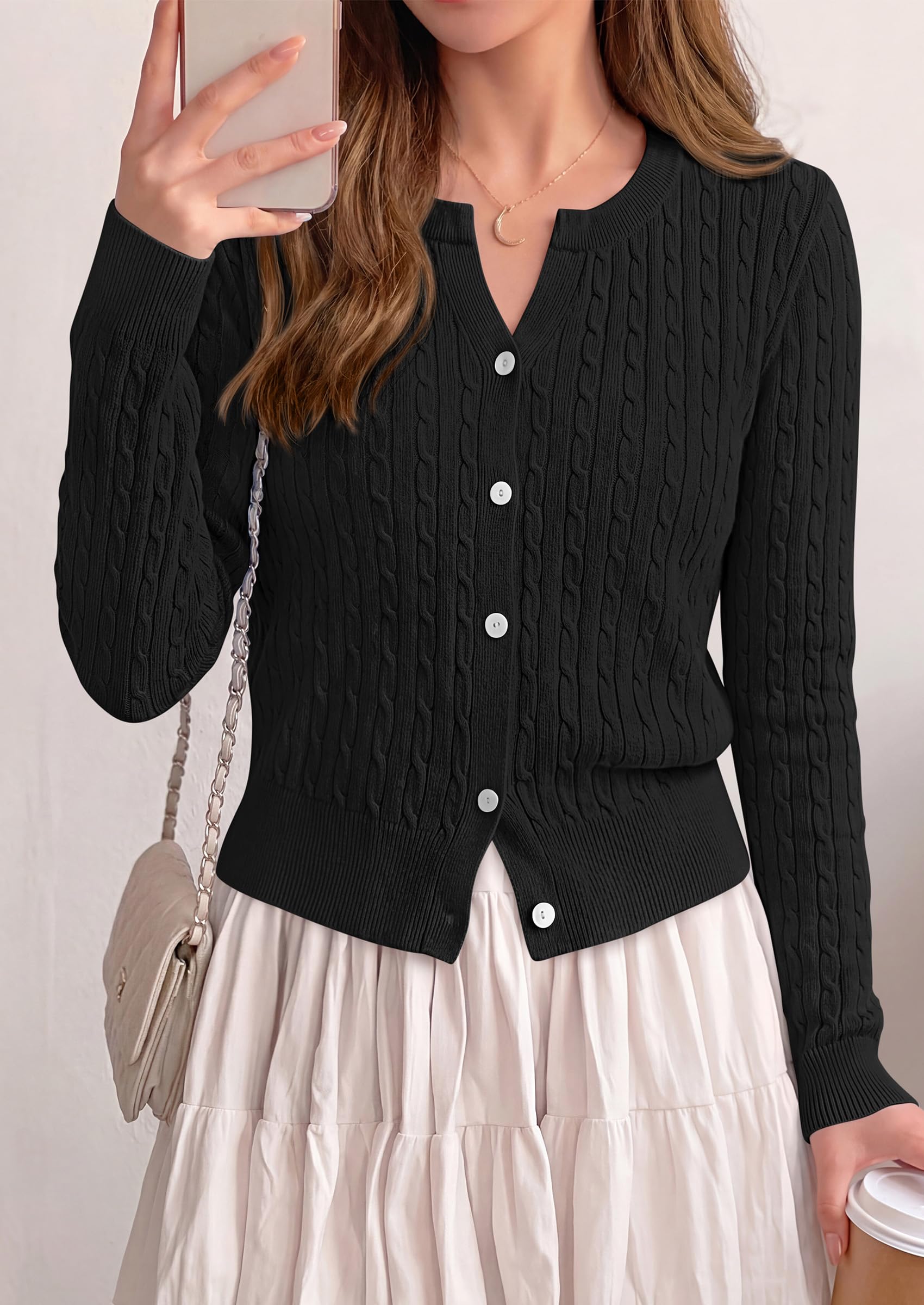 FreshPretty Women's Cable Knit Cropped Cardigan Sweater V Neck Button Down | Soft Lightweight Cable Knit, Long Sleeve, V Neck Button Front, Cropped Ribbed Trim, Business Casual Fall Winter Layering