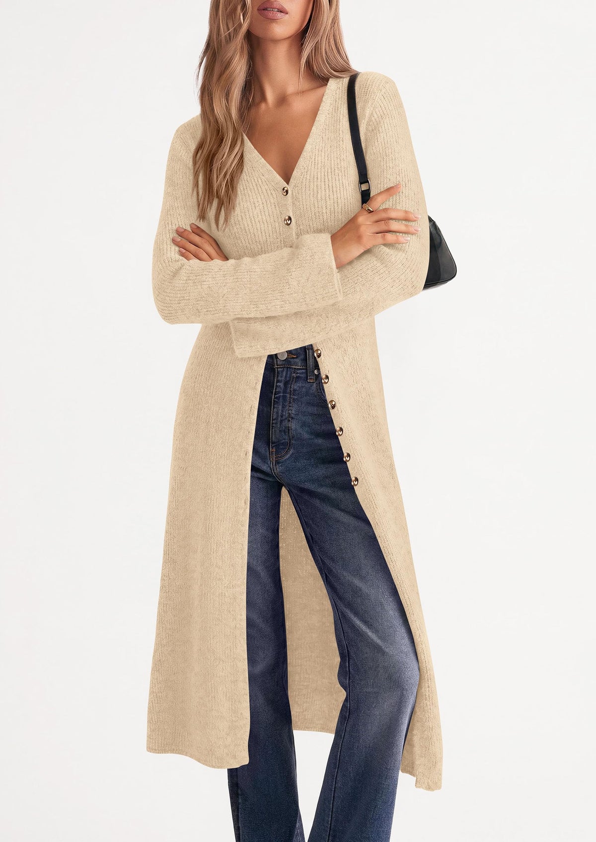 PRETTYGARDEN Women Long Cardigan Bell Sleeve Sweater Dress Early Fall Fashion, V Neck Button Down Coats, Fit and Flare, Duster Sweater, Acrylic Cotton Blend