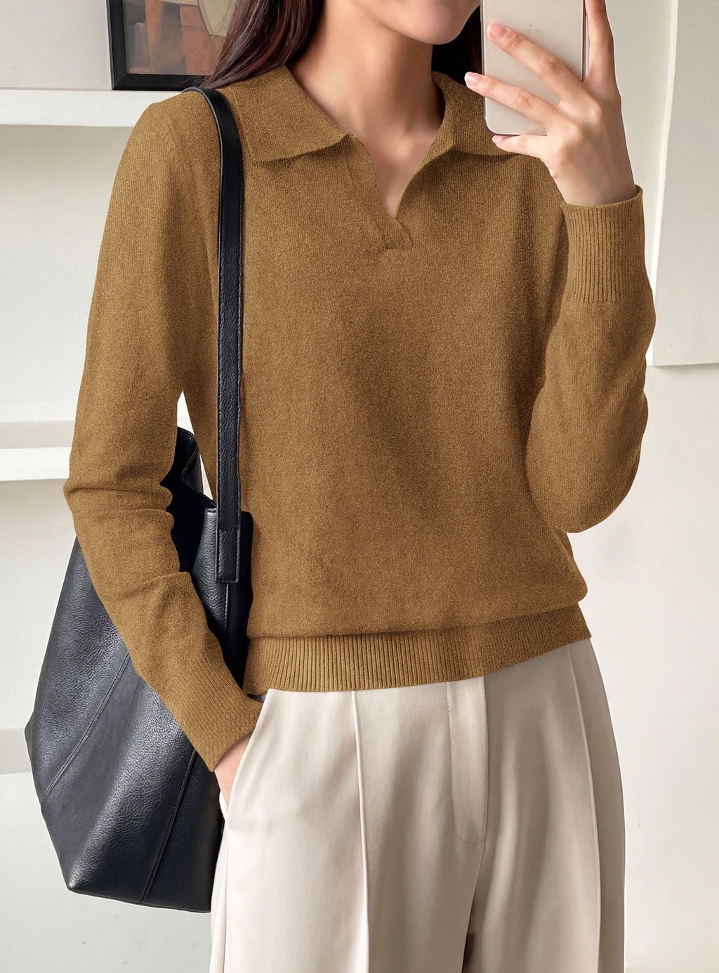 PRETTYGARDEN Womens Long Sleeve Collared Polo Sweater | Breathable Soft Ribbed Knit, Lapel V Neck Pullover Sweaters, Business Casual Work Office Tops, 2026 Trendy Fall Outfits