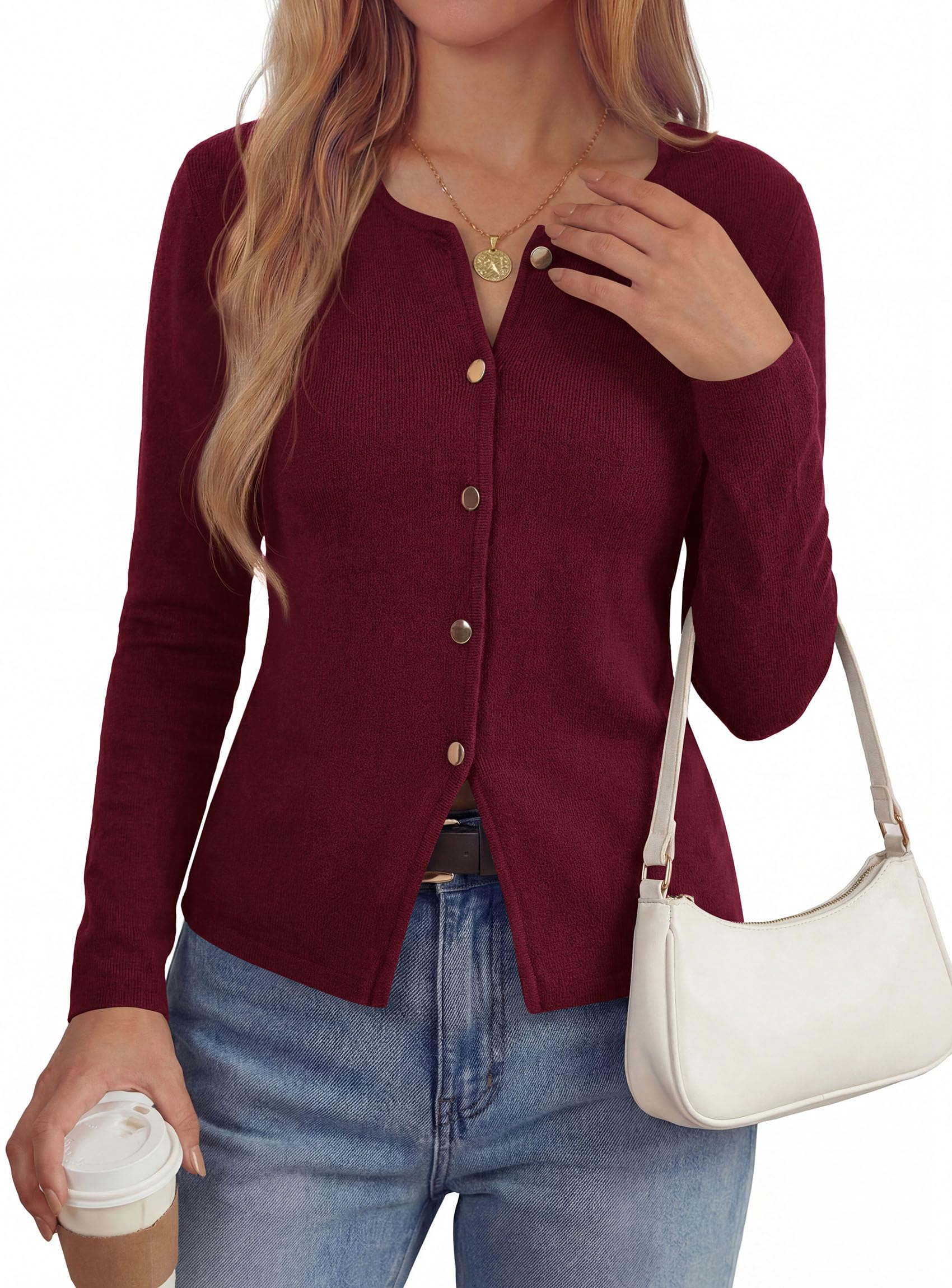 PRETTYGARDEN Button Up Cardigan Sweaters for Women | Slim Fitted Knitwear,Long Sleeve Lightweight Knit Cardigans,Business Casual Outfits Work Tops,Layering Piece for Fall&Winter