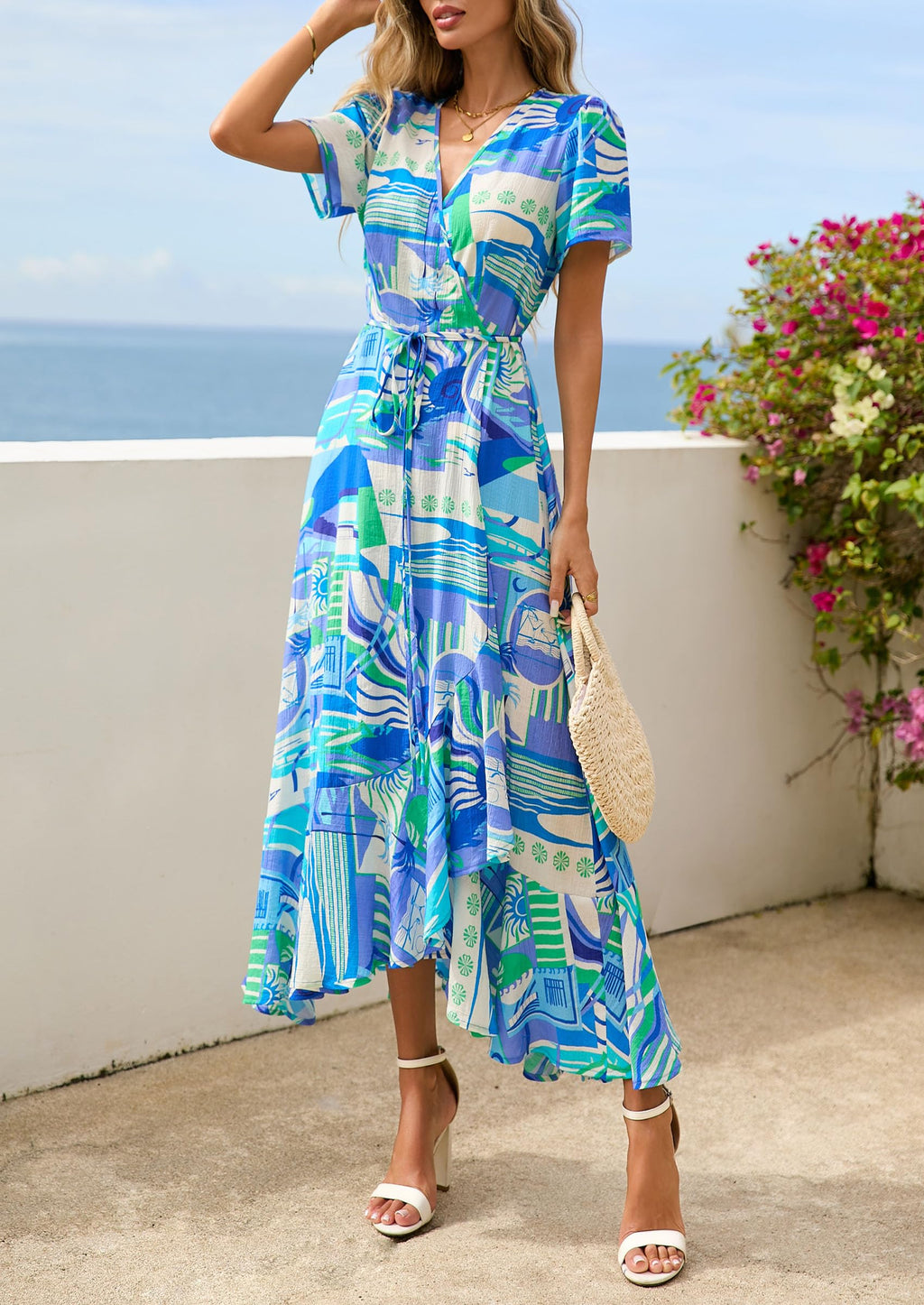 PRETTYGARDEN Women's Summer Maxi Dress Casual Wrap Floral Boho Short Sleeve V Neck Split Ruffle Beach Long Dresses