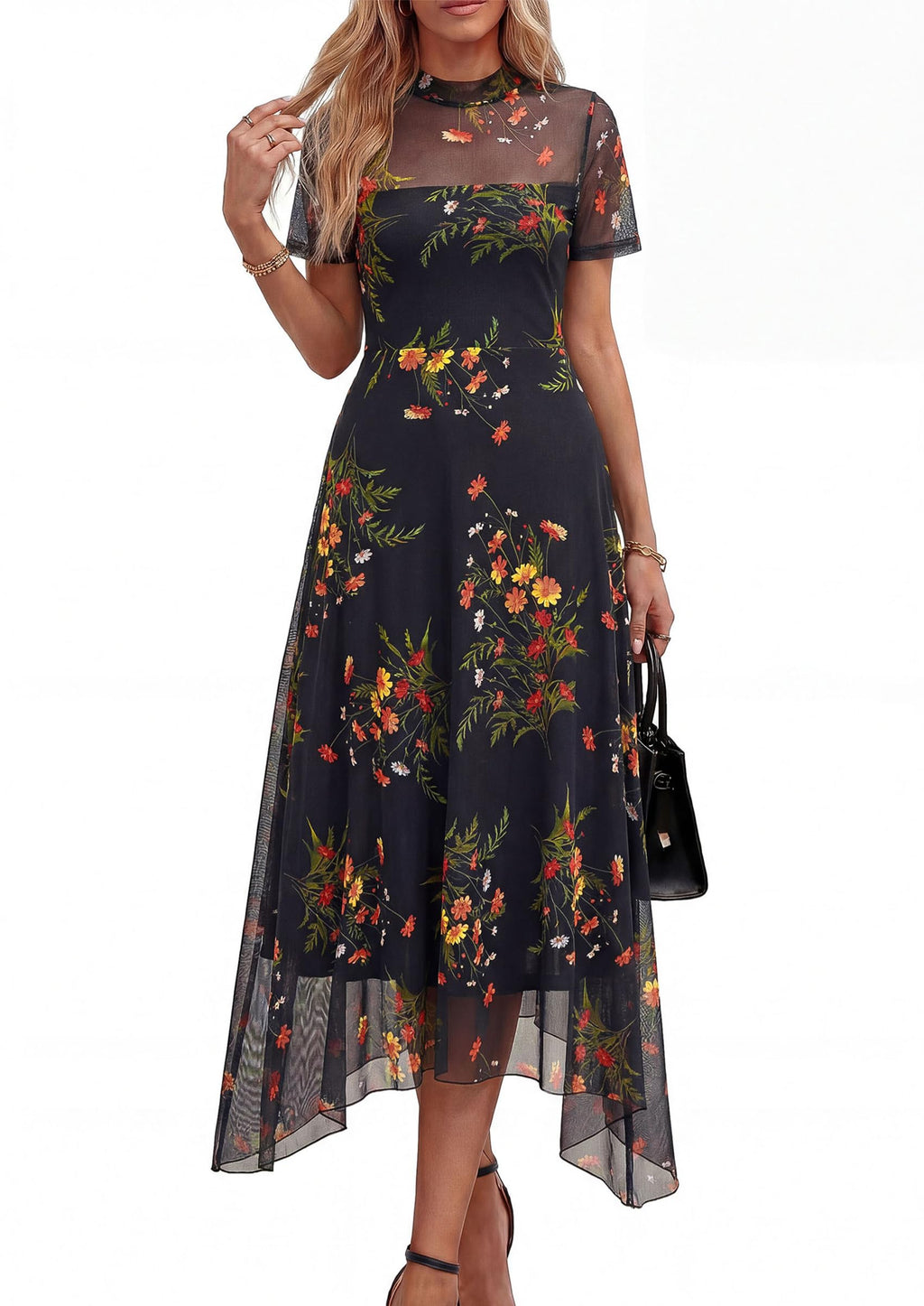 PRETTYGARDEN Cocktail Dresses for Women  Summer Short Sleeve Floral Mesh Sheer Midi Party Wedding Guest Dress