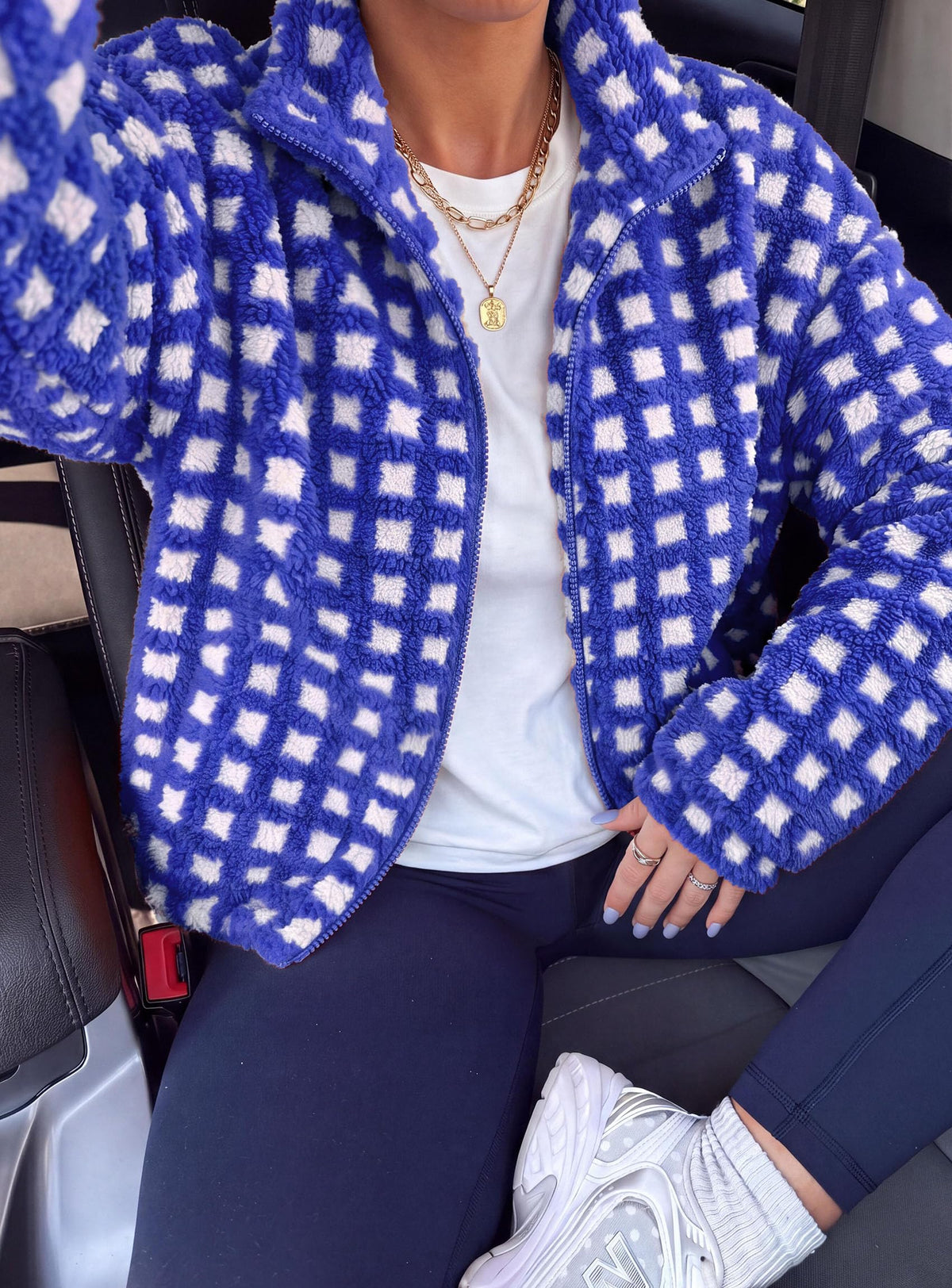 PRETTYGARDEN Women's Gingham Sherpa Fleece Jacket Plaid Cropped Teddy Coat Trendy Y2K Winter Jacket, Zip Up Stand Collar, Side Pockets, Fall Outfit for Casual Daily, Going Out, Streetwear, Outdoor