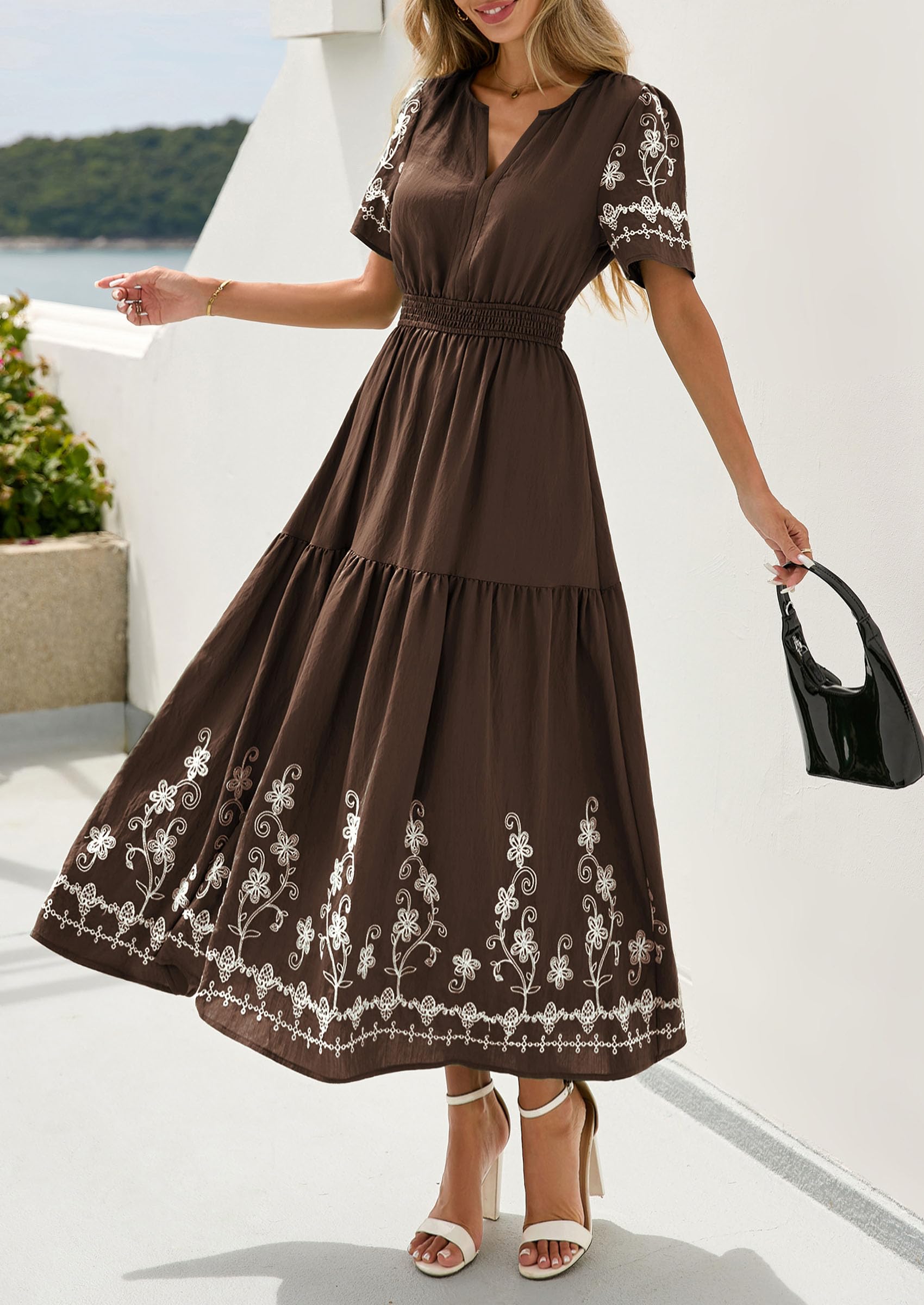 PRETTYGARDEN Women's Summer Boho Maxi Dress Spring Floral Short Sleeve V Neck A Line Flowy Beach Wedding Guest Dresses