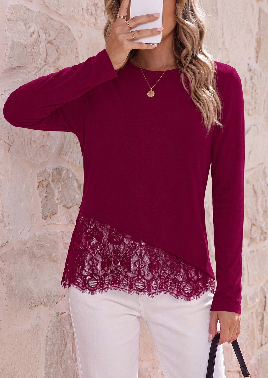 PRETTYGARDEN Women's Lace Patchwork Long Sleeve Shirts | Soft Casual Tops,Irregular Asymmetrical Hem,Crew Neck Thermal Blouses,Loose Fit Layer Tee,Fashion Fall Winter Daily Wear