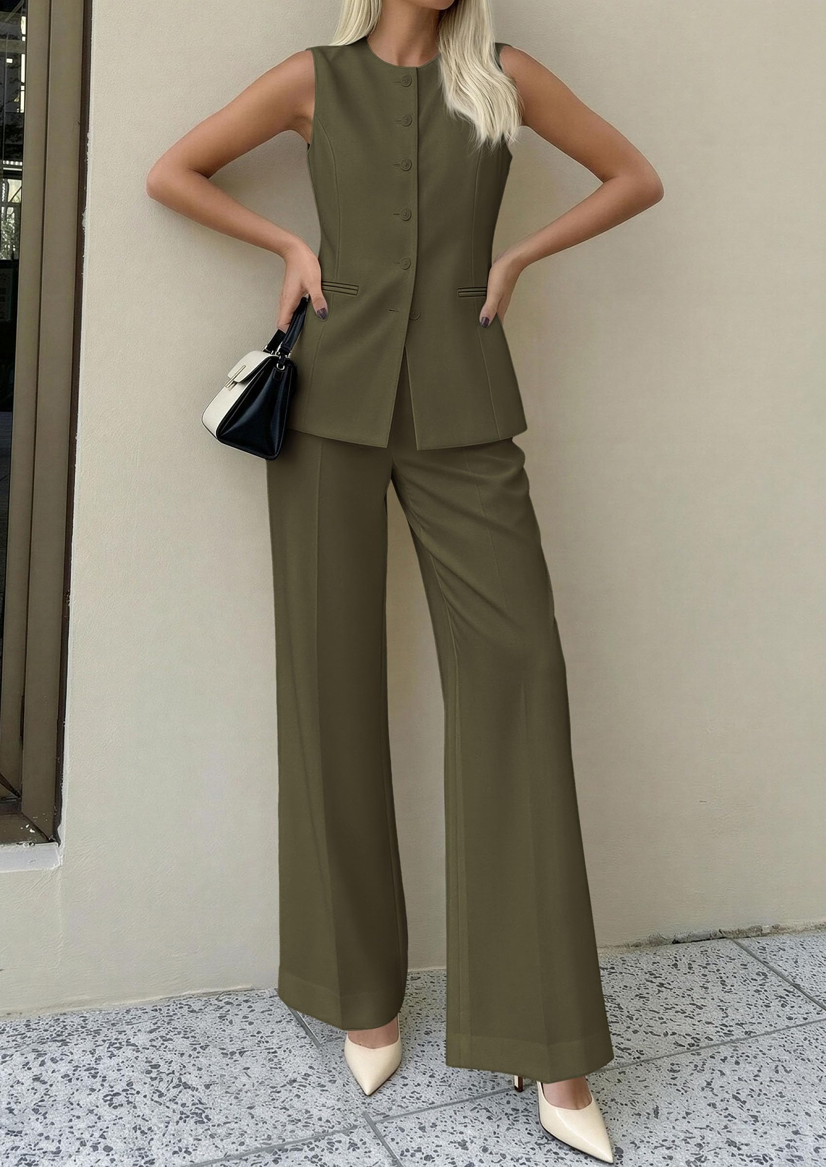 PRETTYGARDEN Women's 2 Piece Sets Summer  Work Clothes Sleeveless Blazer Vest Pants Suits Spring Business Casual Outfits