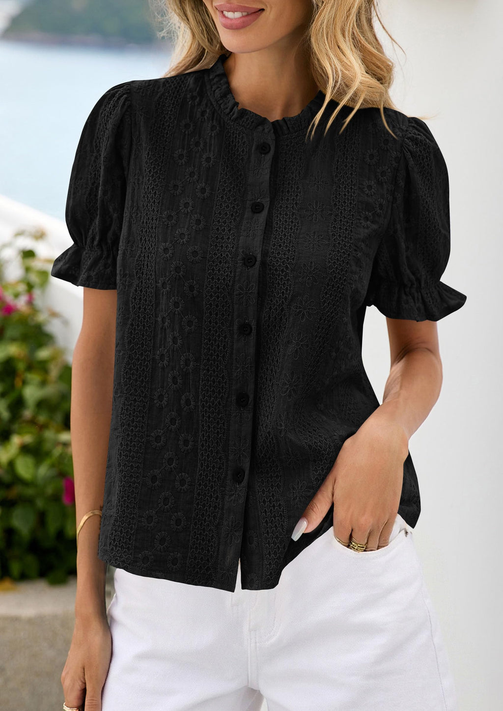 PRETTYGARDEN Womens Puff Short Sleeve Tops  Summer Spring Button Down Boho Embroidered Cute Blouse Dressy Casual Shirts