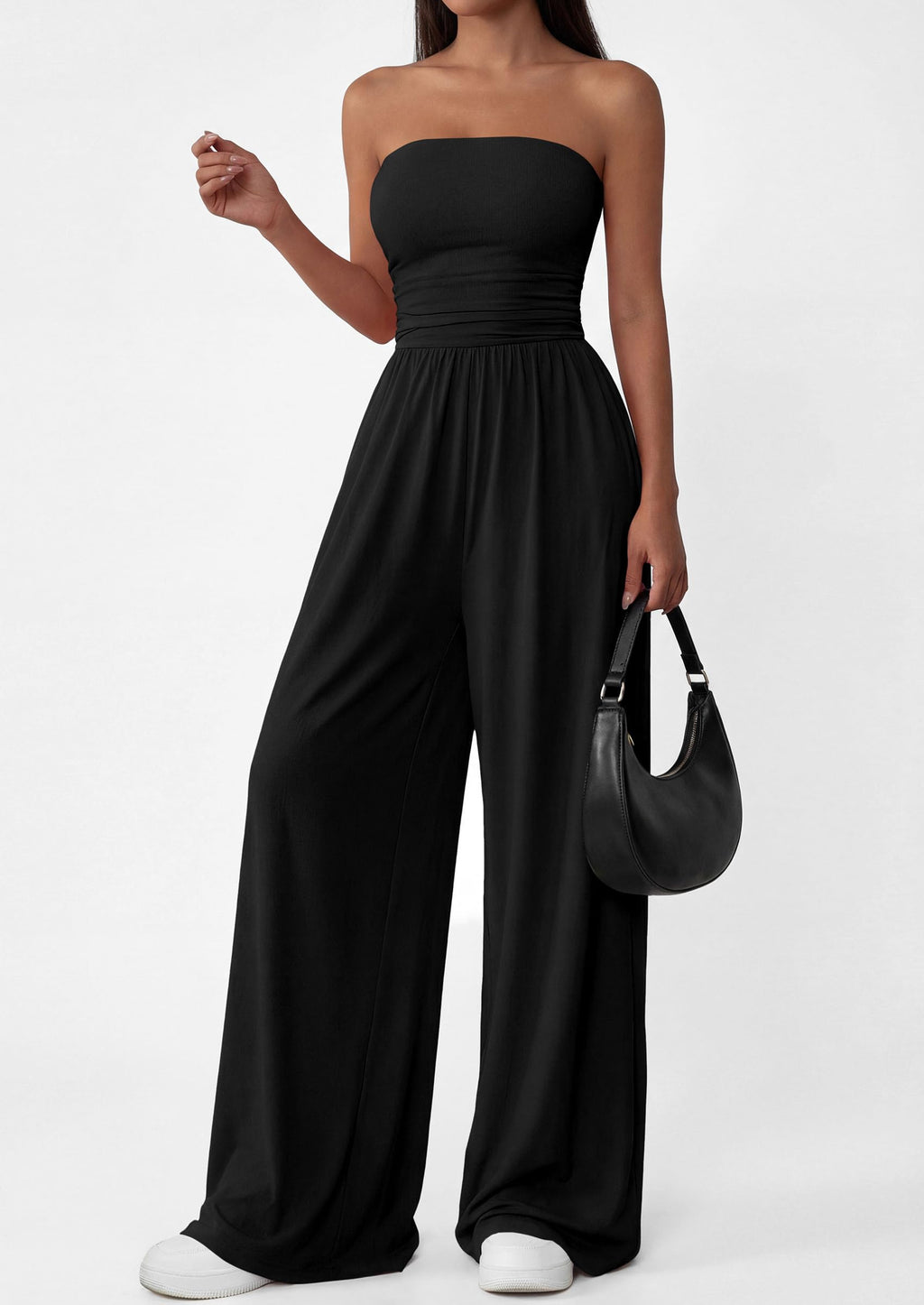 PRETTYGARDEN Womens Trendy Strapless Rompers Ruched Tube Top Wide Leg One Piece Jumpsuits Beach Vacation Summer Outfits