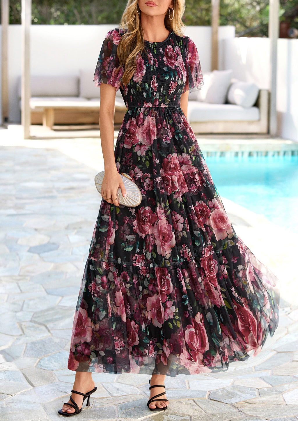 PRETTYGARDEN Tulle Floral Dress Women Summer Wedding Guest  Spring Short Sleeve Maxi Smocked Flowy Beach Party Dresses
