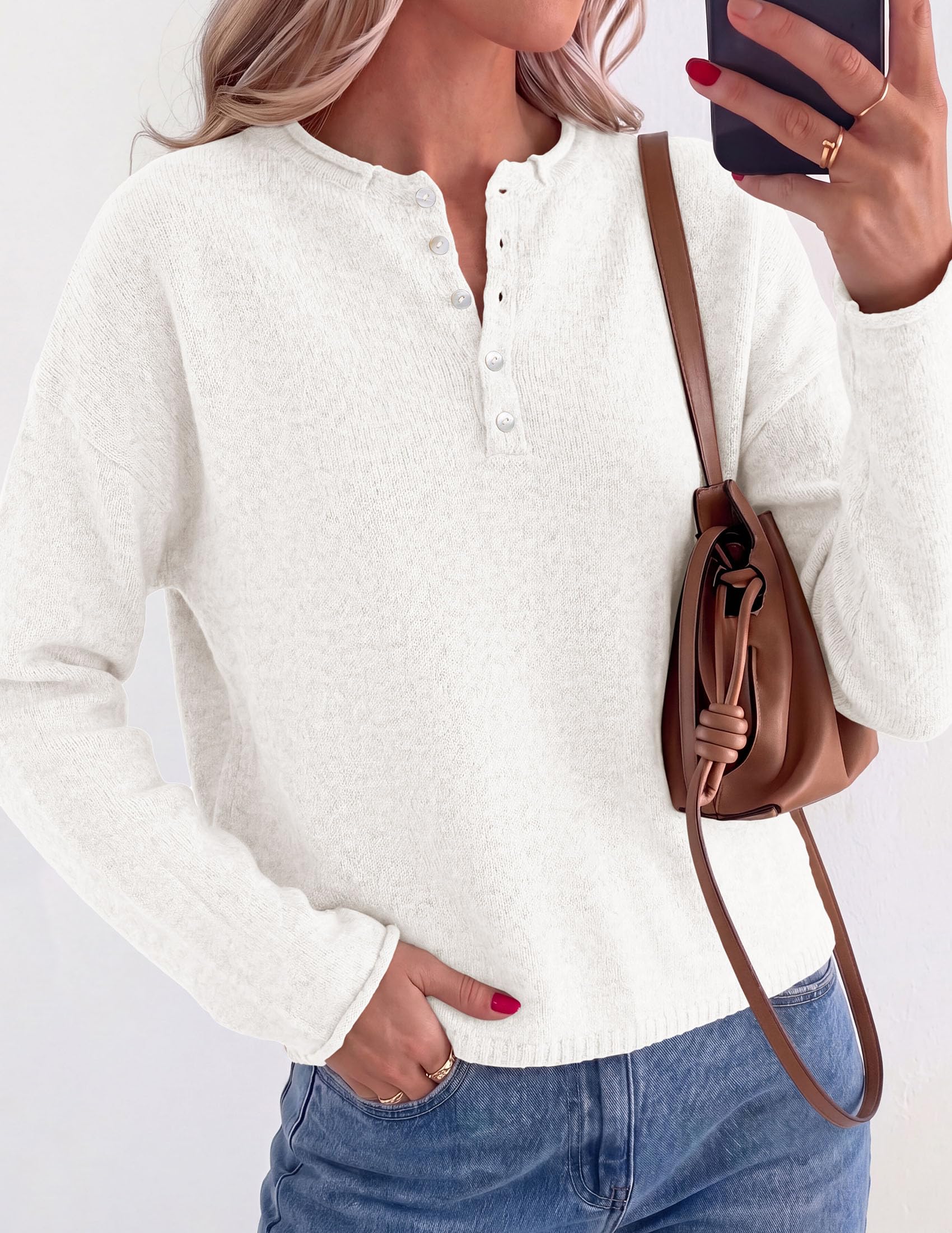 PRETTYGARDEN Women's Fall Button Up Cozy Pullover Sweaters | Stretchy Soft Knit, Drop Shoulder Long Sleeve Tops, Henley Crewneck Rolled Edge, Dressy Casual Blouses, Trendy Winter Clothes
