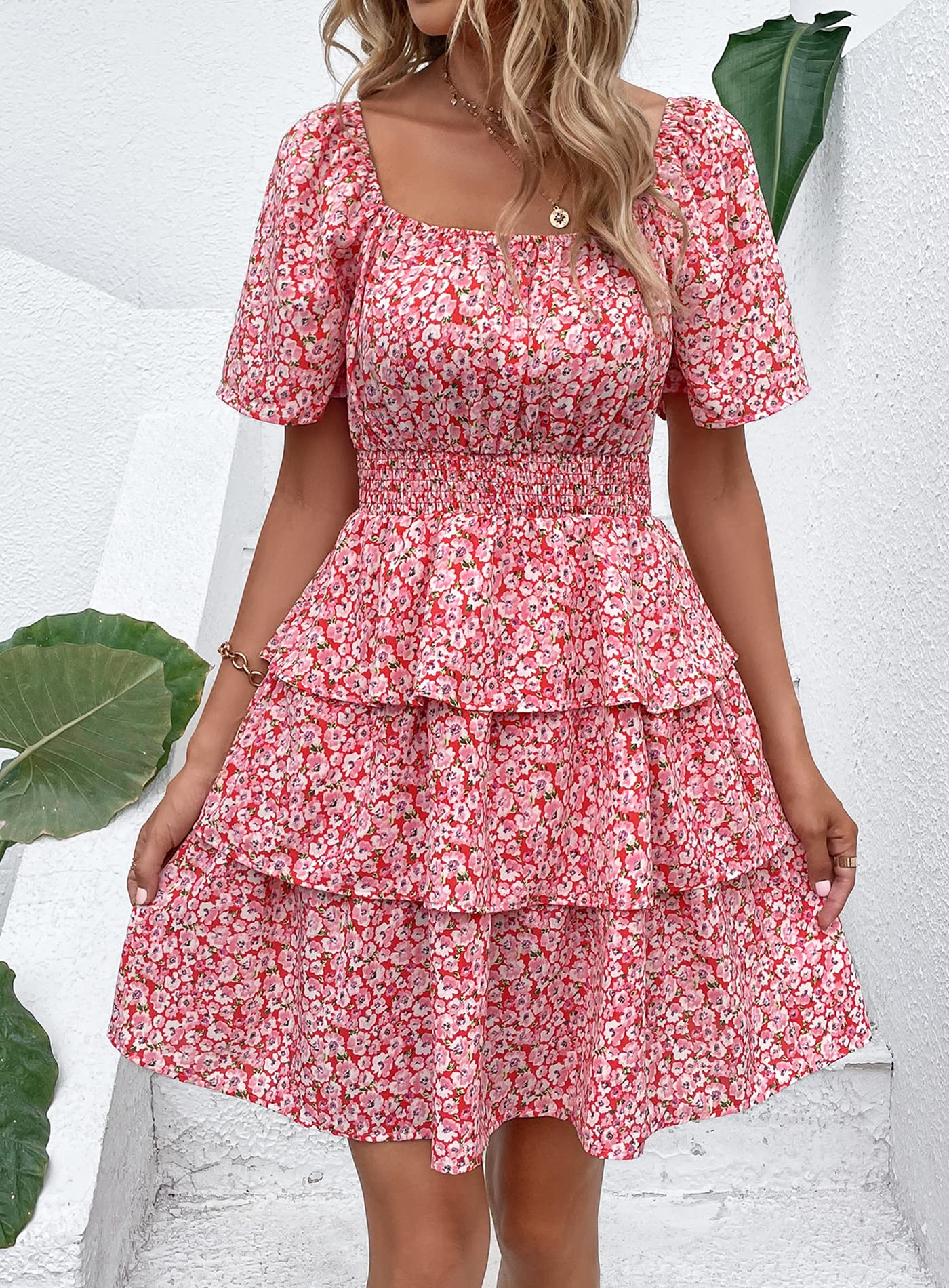PRETTYGARDEN Women's  Floral Summer Short Dress Square Neck Short Sleeve Tiered Ruffle Boho Swing Dresses