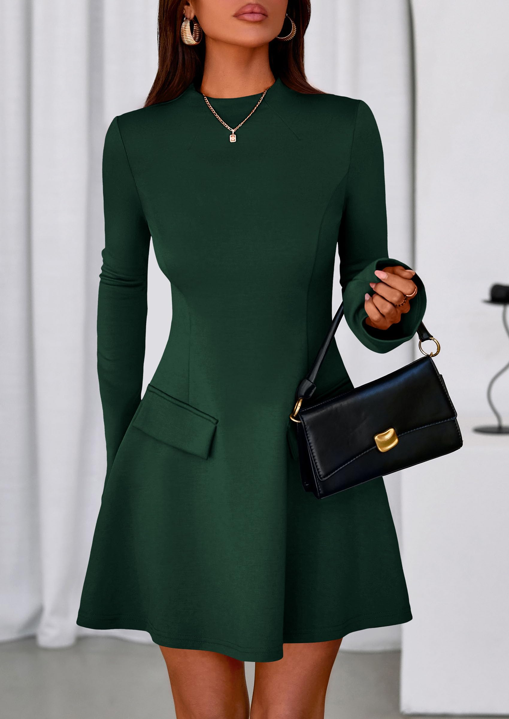 PRETTYGARDEN Women's Elegant Holiday Short Dress  Fall Bell Long Sleeve Mock Neck Work Business Casual Party Mini Dress