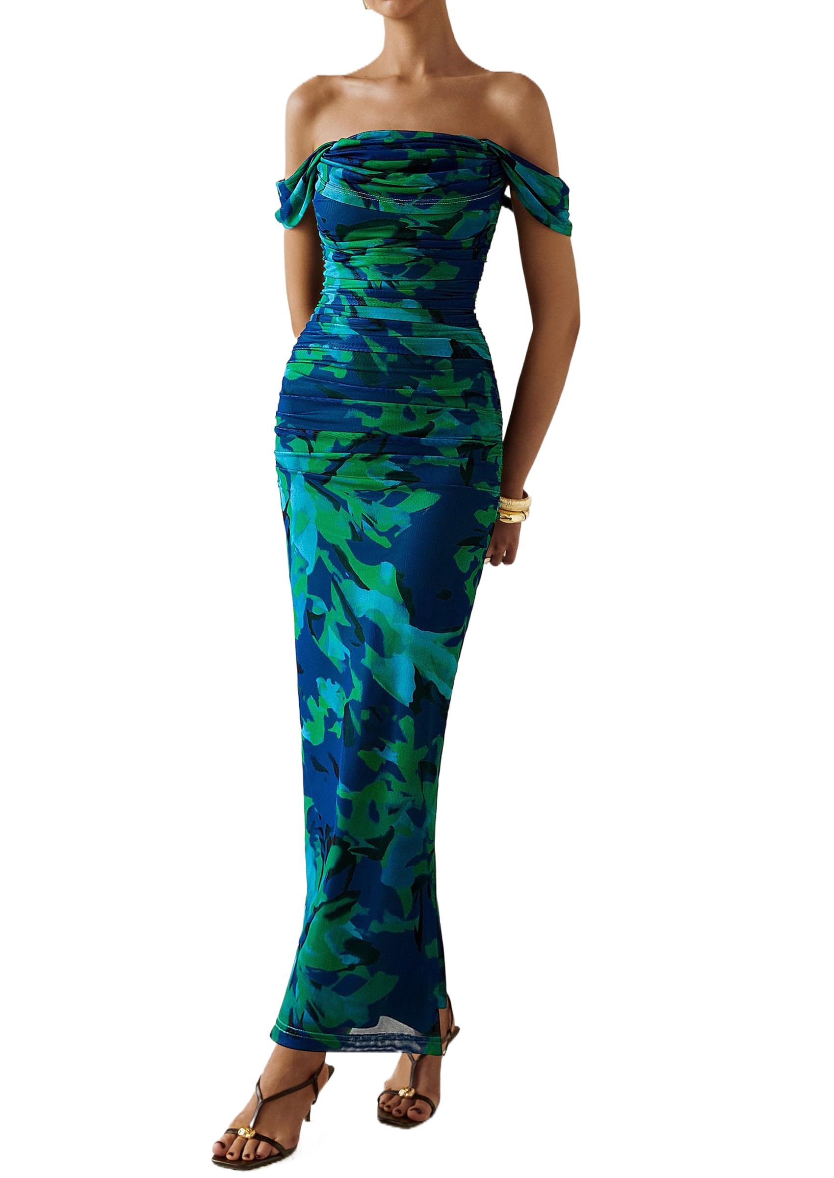 PRETTYGARDEN Cocktail Dresses for Women Summer Floral Off Shoulder Ruched Mesh Elegant Wedding Guest Maxi Dress