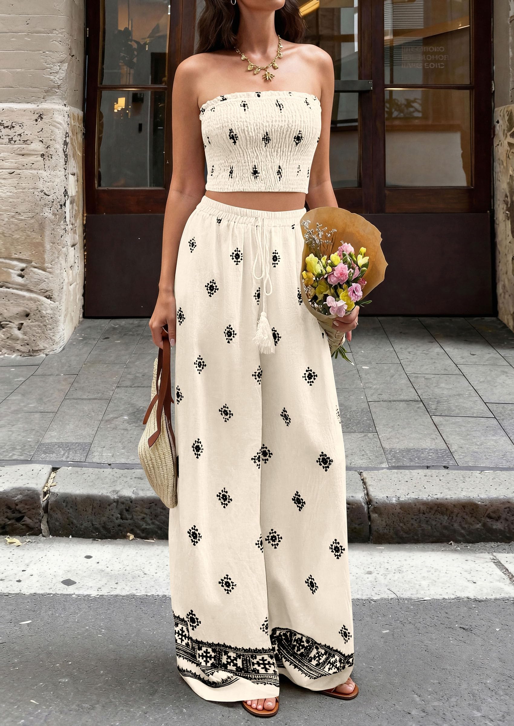 PRETTYGARDEN 2 Piece Sets for Women Summer  Travel Outfits Print Tube Tops Wide Leg Pants Beach Vacation Clothes