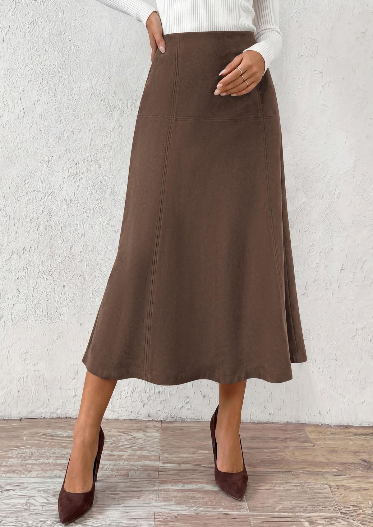PRETTYGARDEN Womens High Waist Faux Suede A Line Midi Skirt | Hidden Stretch Elastic Waist, Front Back Panel Stitching, Vintage Elegant Mid-Calf Long Skirts for Fall Winter Office Daily