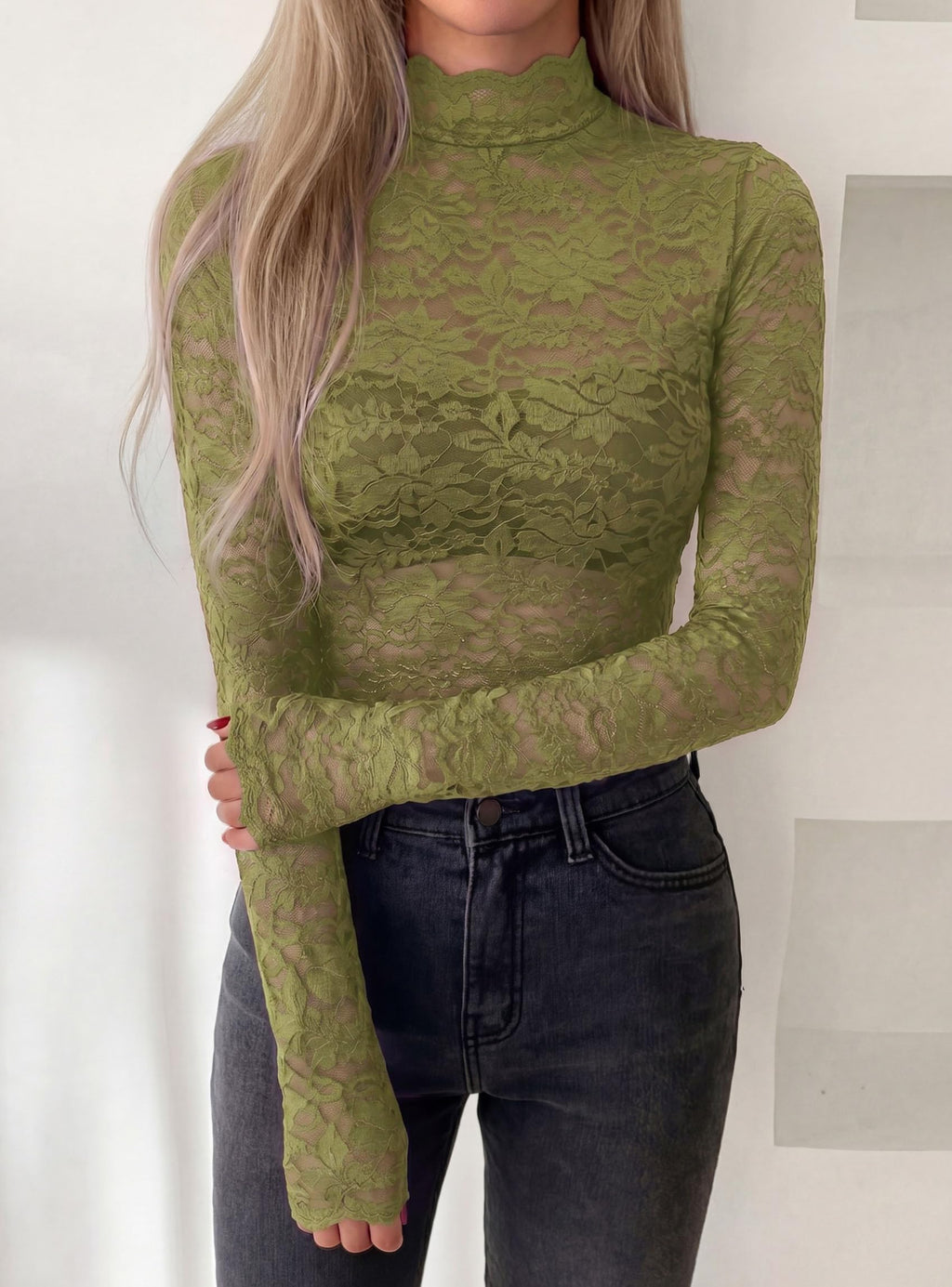 PRETTYGARDEN Womens Lace Long Sleeve Tops Sheer Mesh Blouse | Mock Neck Floral See Through, Slim Fitted, Soft Stretchy Elegant, Going Out Concert, Club Party Outfits, Fall Fashion Clothes