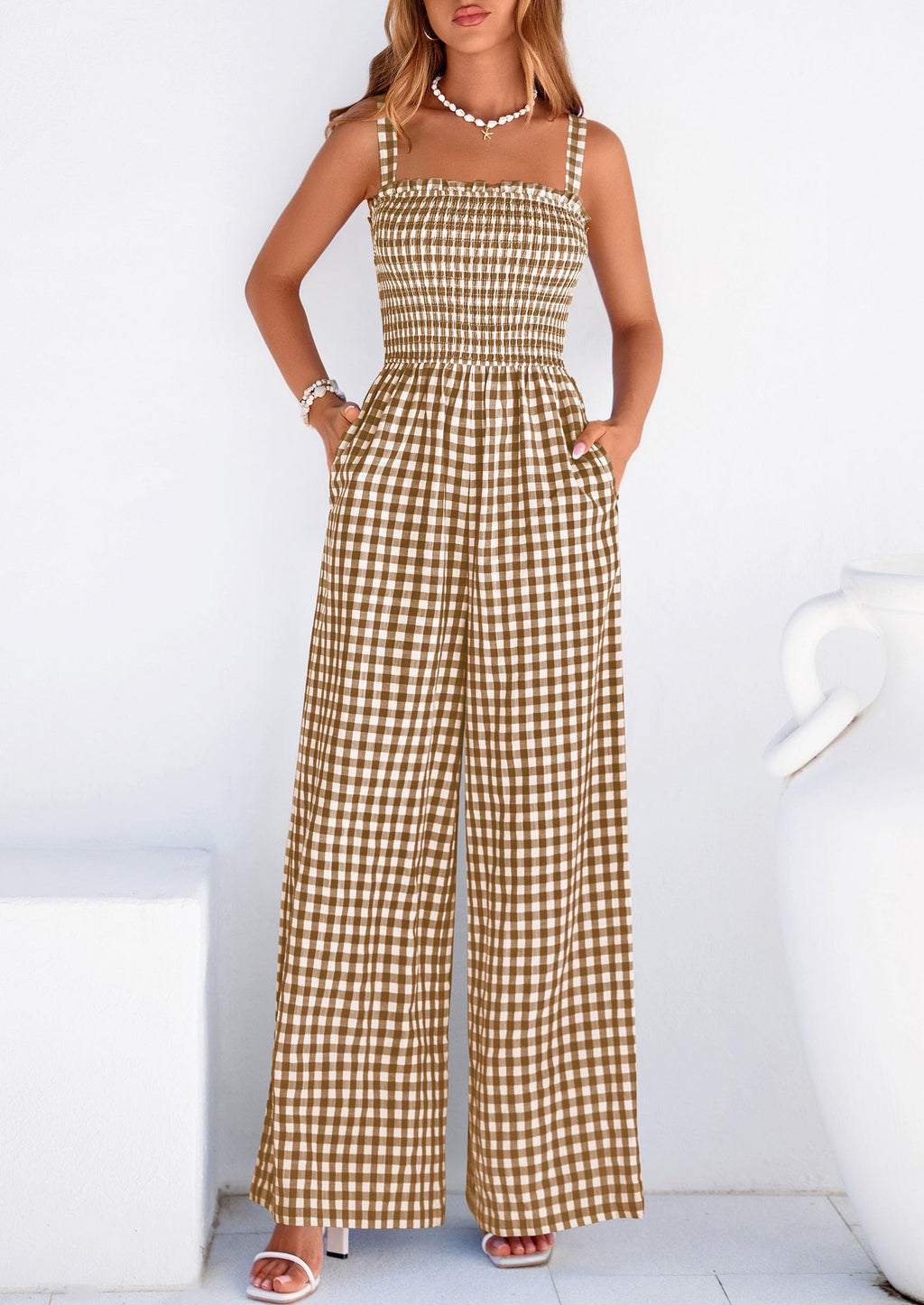 PRETTYGARDEN One Piece Jumpsuits for Women Casual Summer Cruise Outfits  Spring Fashion Smocked Wide Leg Gingham Rompers