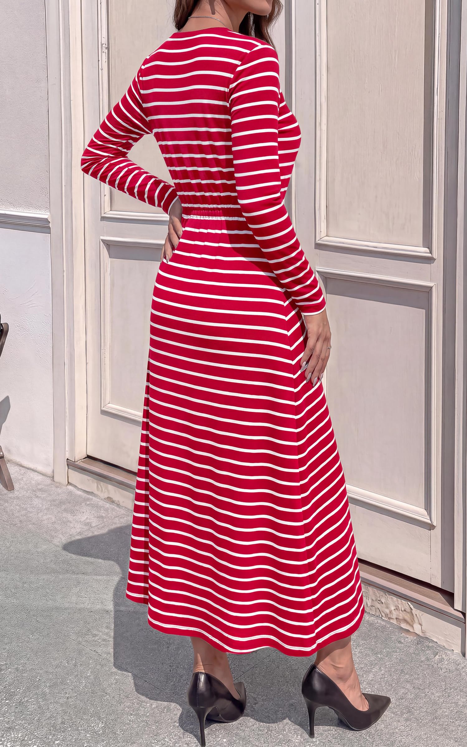 FreshPretty Long Sleeve Maxi Dresses for Women Fall Casual Loose Striped Dress|Cotton T Shirt Dress, Loose Fit Dress with Pocket, Business Casual Work Teacher, Fall Outfits