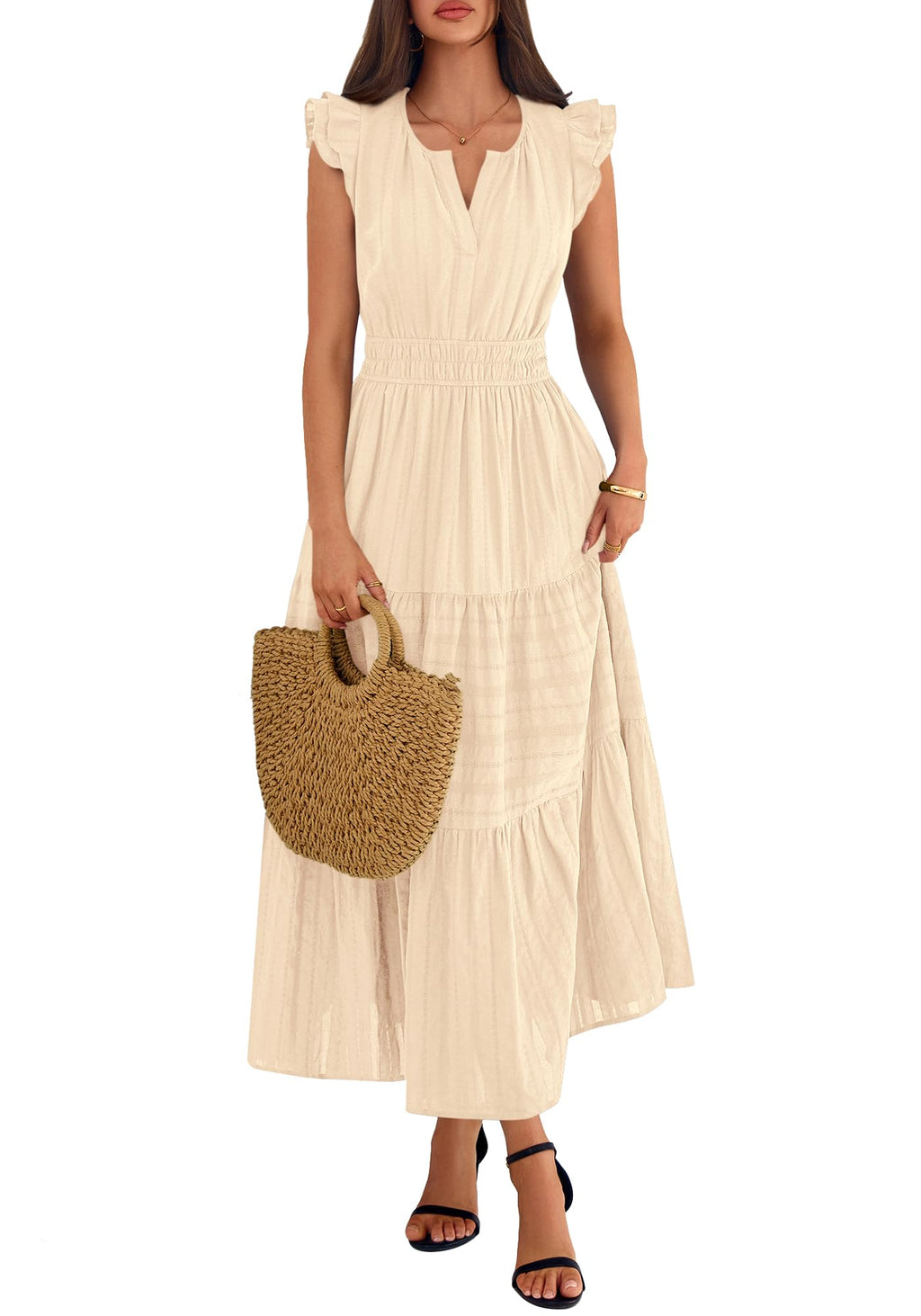 BTFBM Womens Summer Maxi Dress  Spring Boho Vacation Ruffle Flutter Short Sleeve A Line Tiered Flowy Dresses Pockets