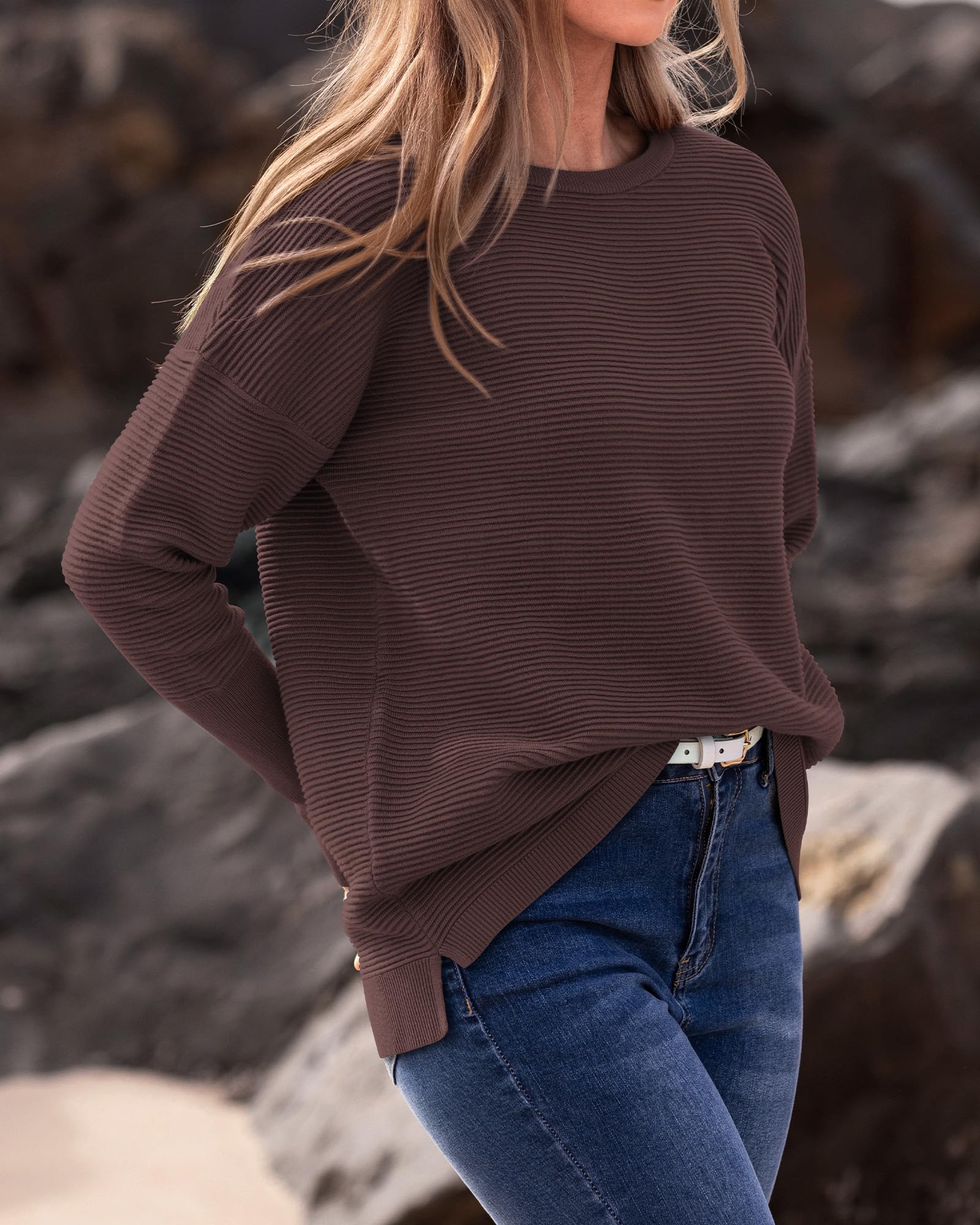 FreshPrettyFall Sweaters for Women Casual Long Sleeve Sweater Striped Loose Fit Pullover Tops