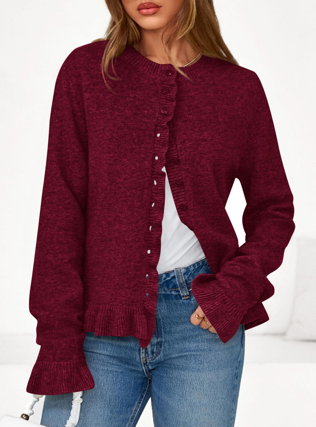 PRETTYGARDEN Womens Fall Button Down Cardigans Chunky Knit Ruffle Open Front Cropped Cardigan Sweaters Soft Long Sleeve Tops