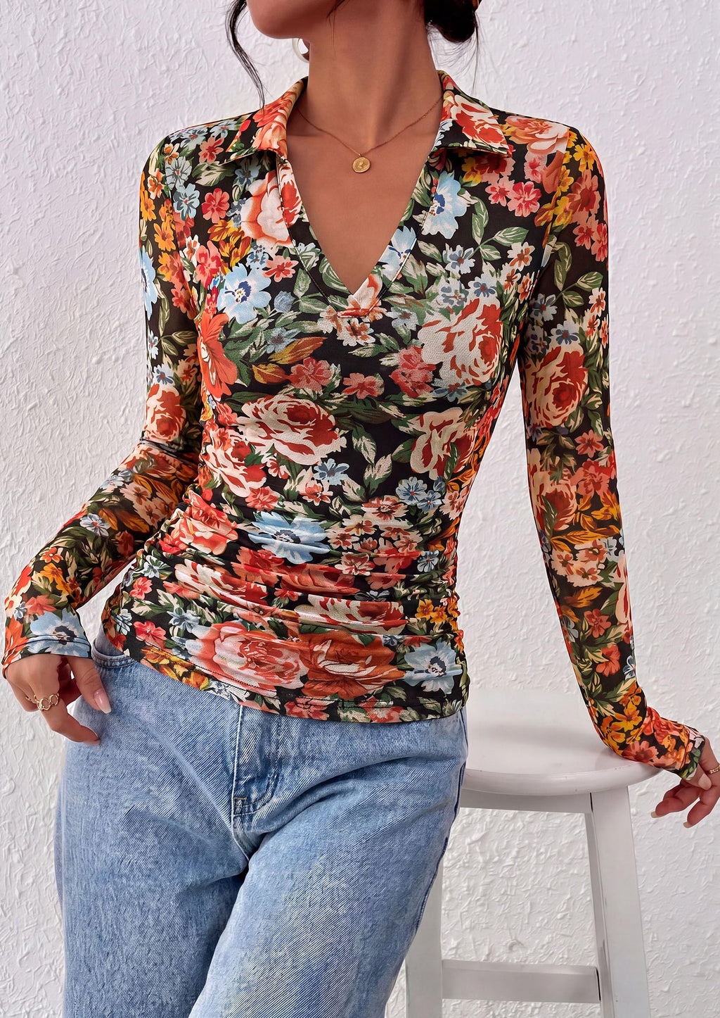 PRETTYGARDEN Women's Long Sleeve Boho Floral Mesh Tops Fall V Neck Blouses,Fitted Polo Shirts, Collared, Double Lined, Dressy Casual, Going Out Date Night Outfits, Spring Lightweight Travel Clothes