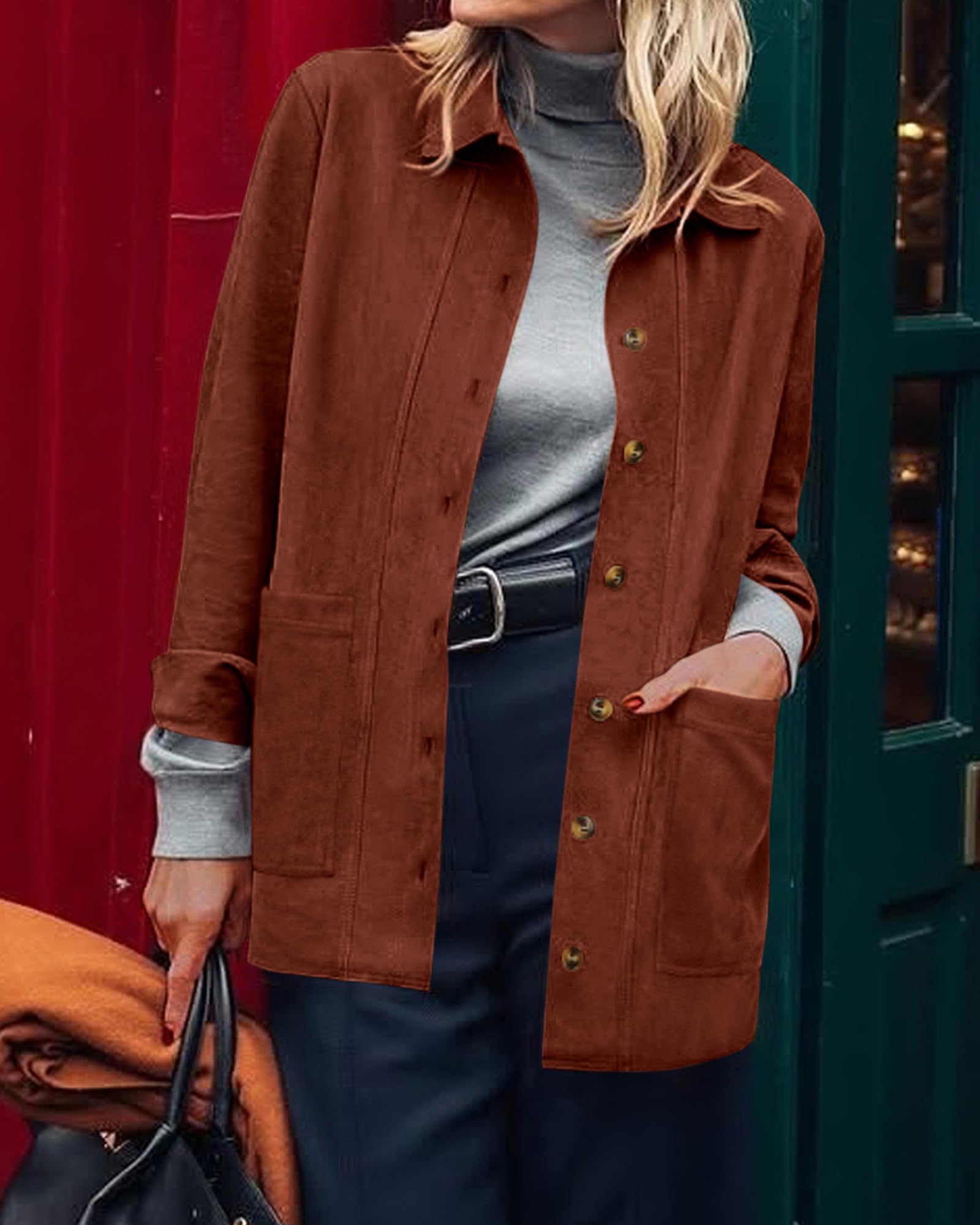 BTFBM Faux Suede Jacket Women Fall Fashion Leather Jackets Long Sleeve Button Down Winter Coats Shackets Outerwear