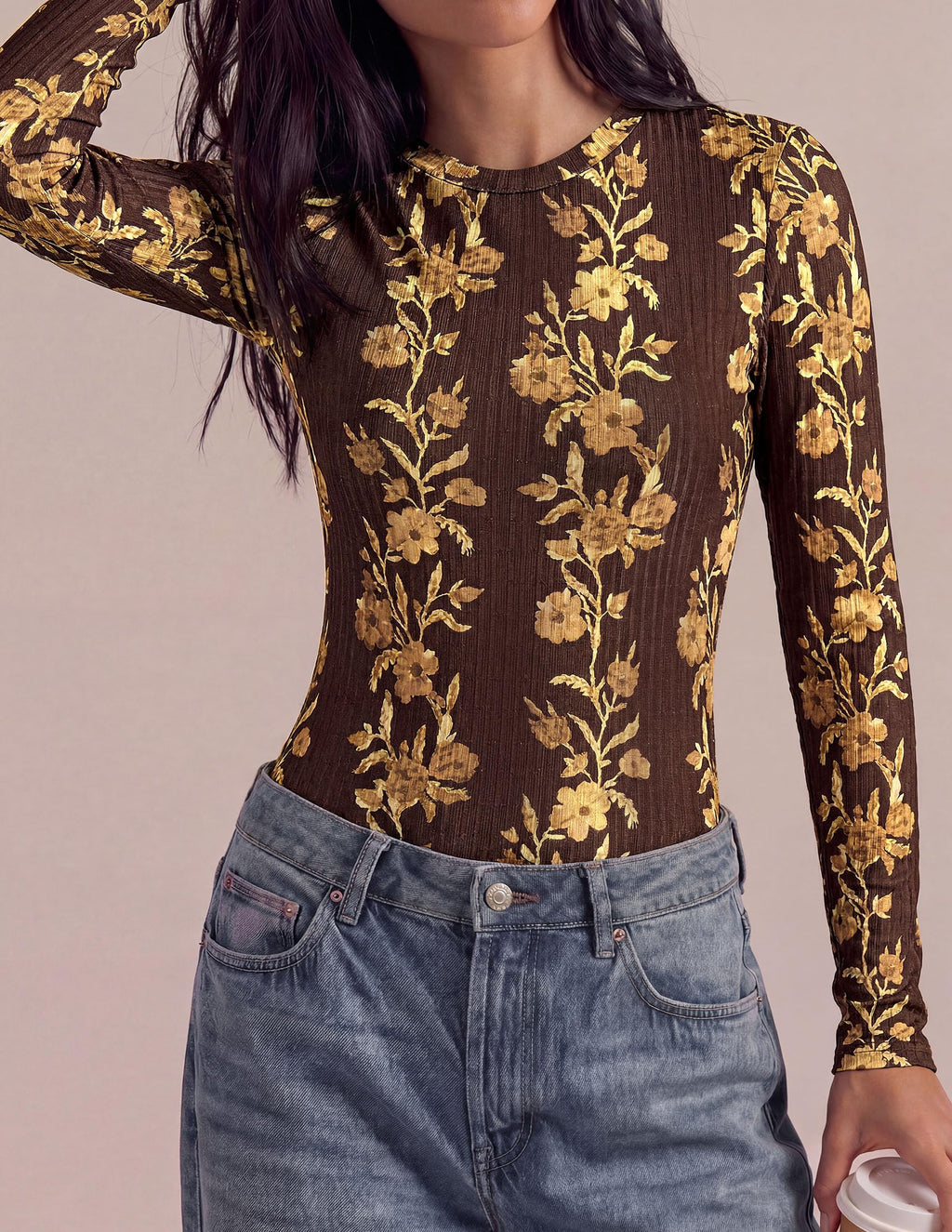 PRETTYGARDEN Womens Long Sleeve Shirts Floral Y2K Tops Soft Lightweight Ribbed Knit Top,Fitted Waist,Crew Neck Slim Fit,Going Out Vacation Outfits,Layering Fall Winter Clothes