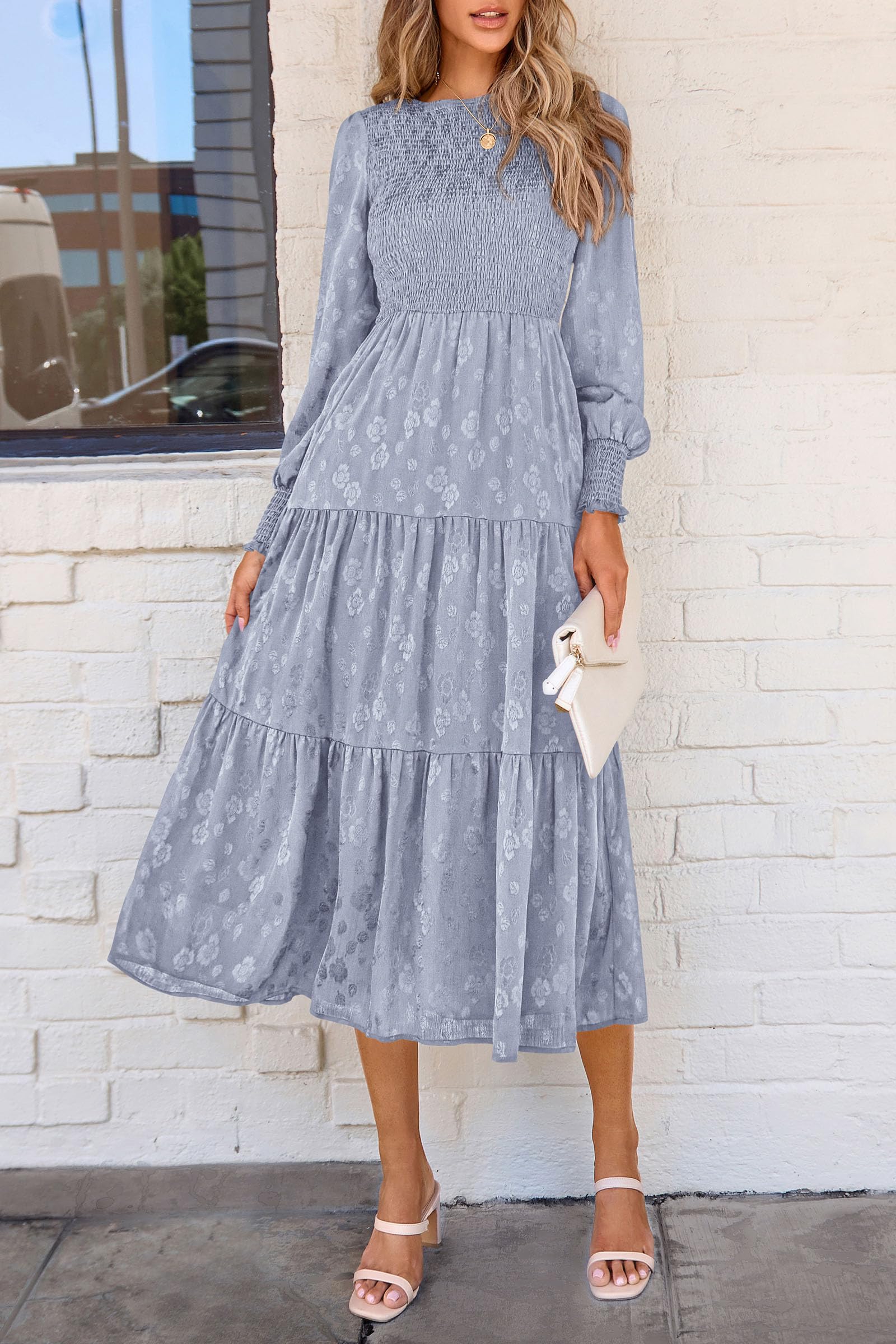 PRETTYGARDEN Women's Fall Spring Midi Dress Long Sleeve Floral Smocked Elegant Wedding Guest Long Flowy Dresses with Pockets