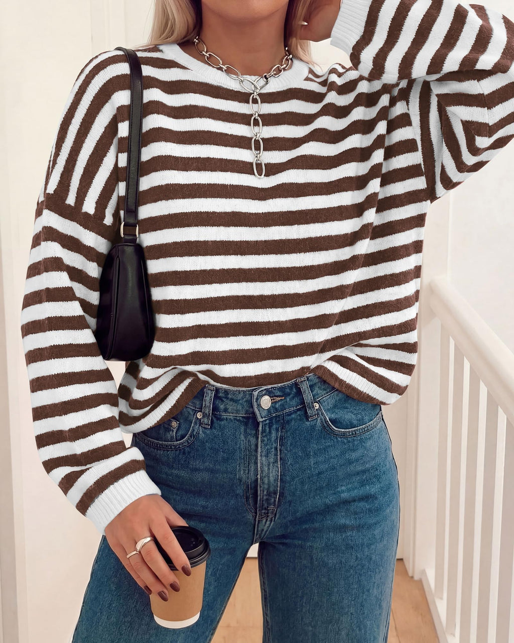 BTFBM Women's Lightweight Oversized Striped Sweater | Soft Knit Cozy Sweaters, Crew Neck Long Sleeve Pullover, y2k Color Block, Casual Holiday Outfits, Winter Fall Clothes