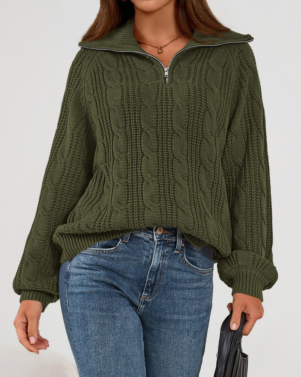 BTFBM Sweaters for Women Fall Fashion Loose Quarter Zip Pullover Collared Long Sleeve Cable Knit Winter Clothes