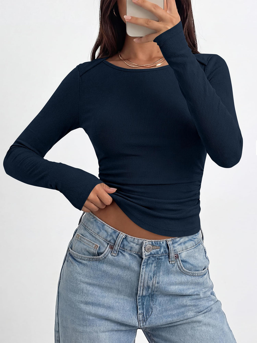 BTFBM Womens Long Sleeve T Shirts Spring Clothes Ribbed Slim Fit Boat Neck Casual Going Out Tops Workout Outfits