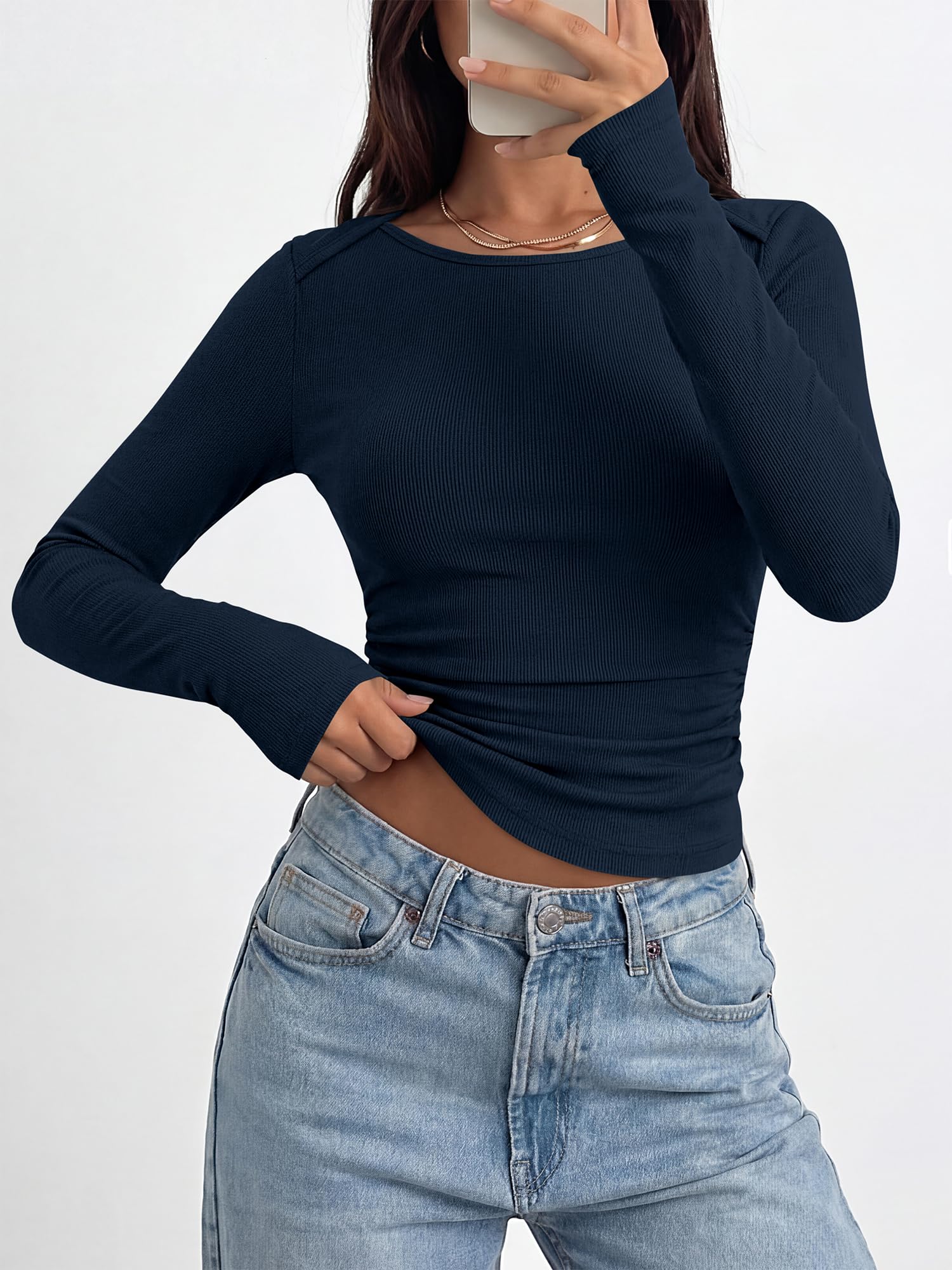 BTFBM Womens Long Sleeve T Shirts Spring Clothes Ribbed Slim Fit Boat Neck Casual Going Out Tops Workout Outfits