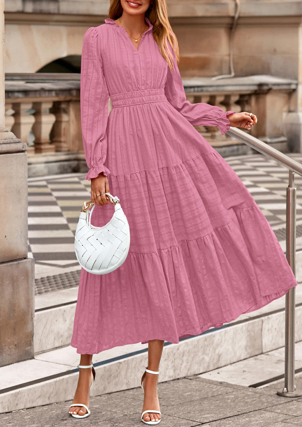 PRETTYGARDEN Women's Fall Wedding Guest Dresses Long Sleeve V Neck Flowy Elegant Holiday Party Maxi Dress with Pockets