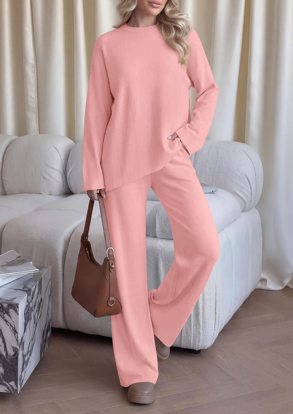 PRETTYGARDEN Womens Fall 2 Piece Asymmetric Cozy Sweater Travel Lounge Sets Crewneck Drop Shoulder Tops, Wide Leg Pants, Soft Casual Knit Matching Set,Vacation Airport Holiday Outfits