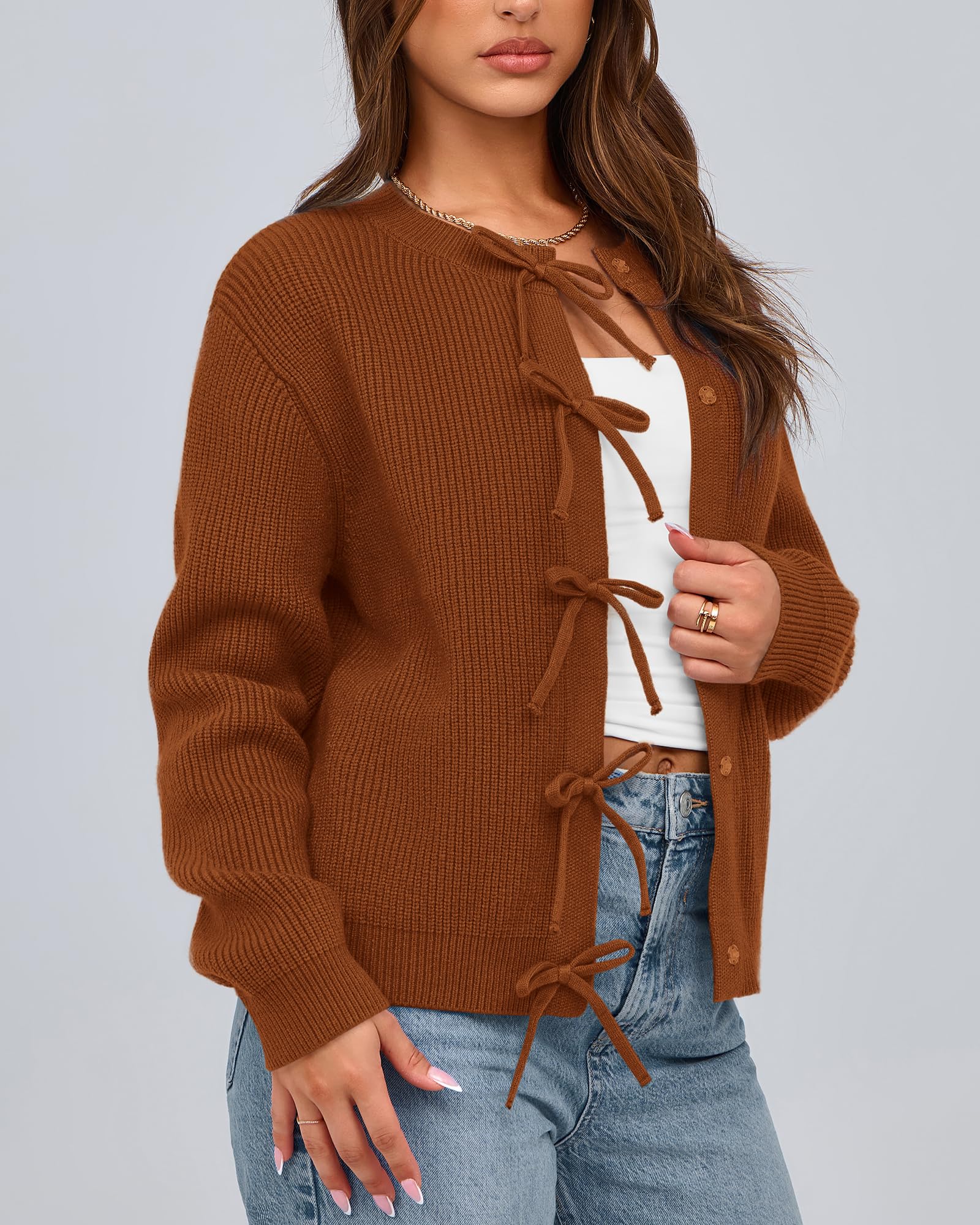 BTFBM Bow Cropped Cardigan Sweaters for Women Fall Winter Open Front Sweater Long Sleeve Button Fashion Spring Clothes