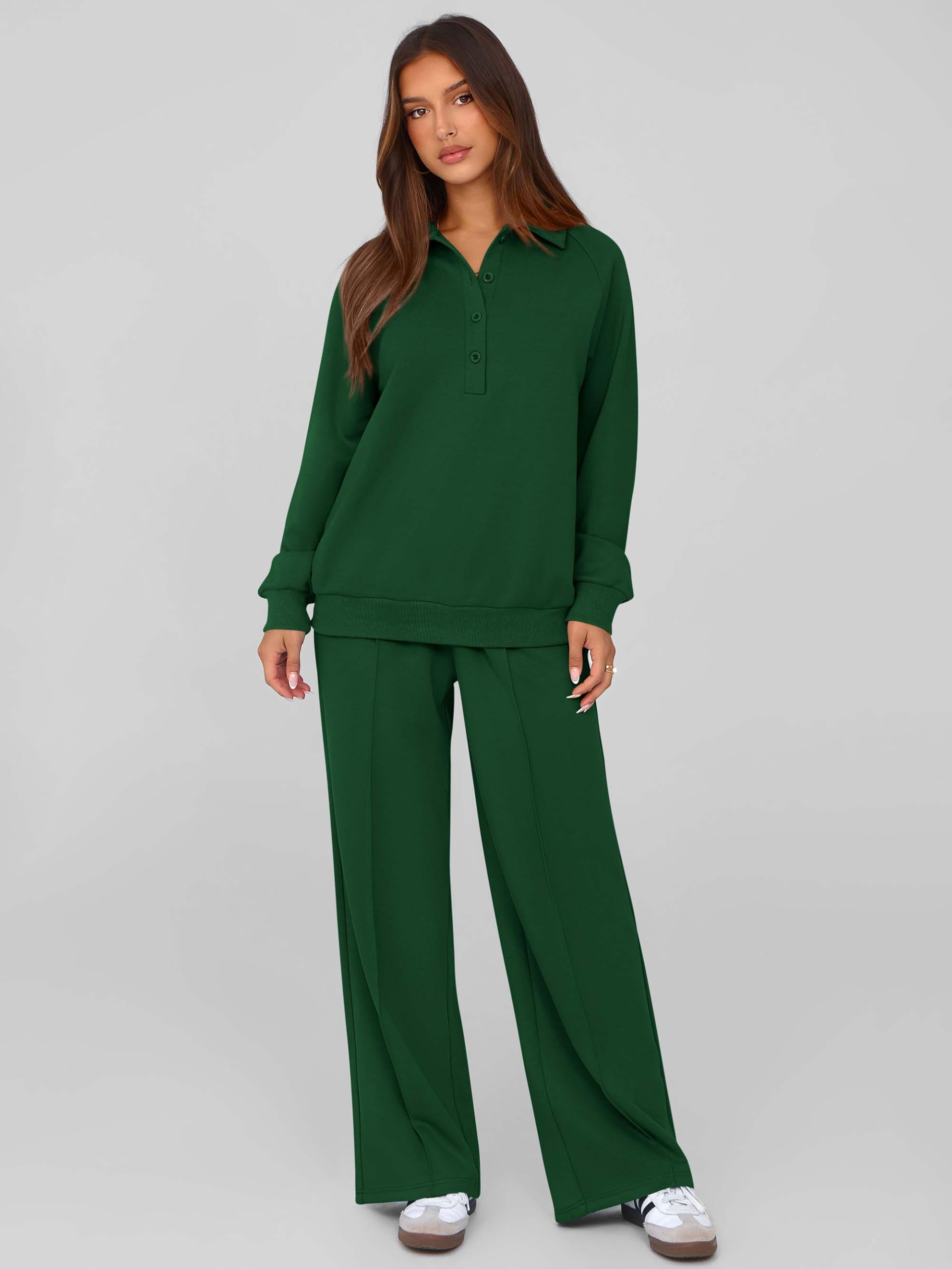 PRETTYGARDEN Women Fall 2 Piece Outfits Sweatsuits Lounge Sets Quarter Button Long Sleeve Sweatshirt, Wide Leg Sweat Pants, Casual 2 Piece Sets Tracksuit, Airport Travel Outfits for Women