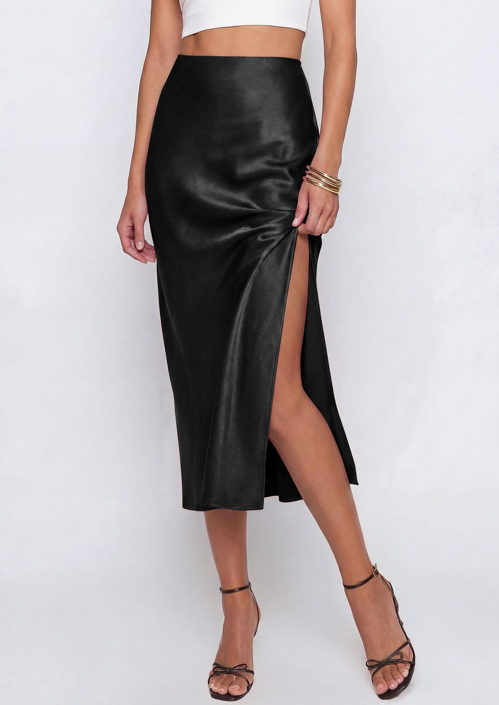PRETTYGARDEN Womens Satin Skirt Summer Silk Business Casual High Waisted A Line Flowy Work Wedding Cocktail Midi Skirts