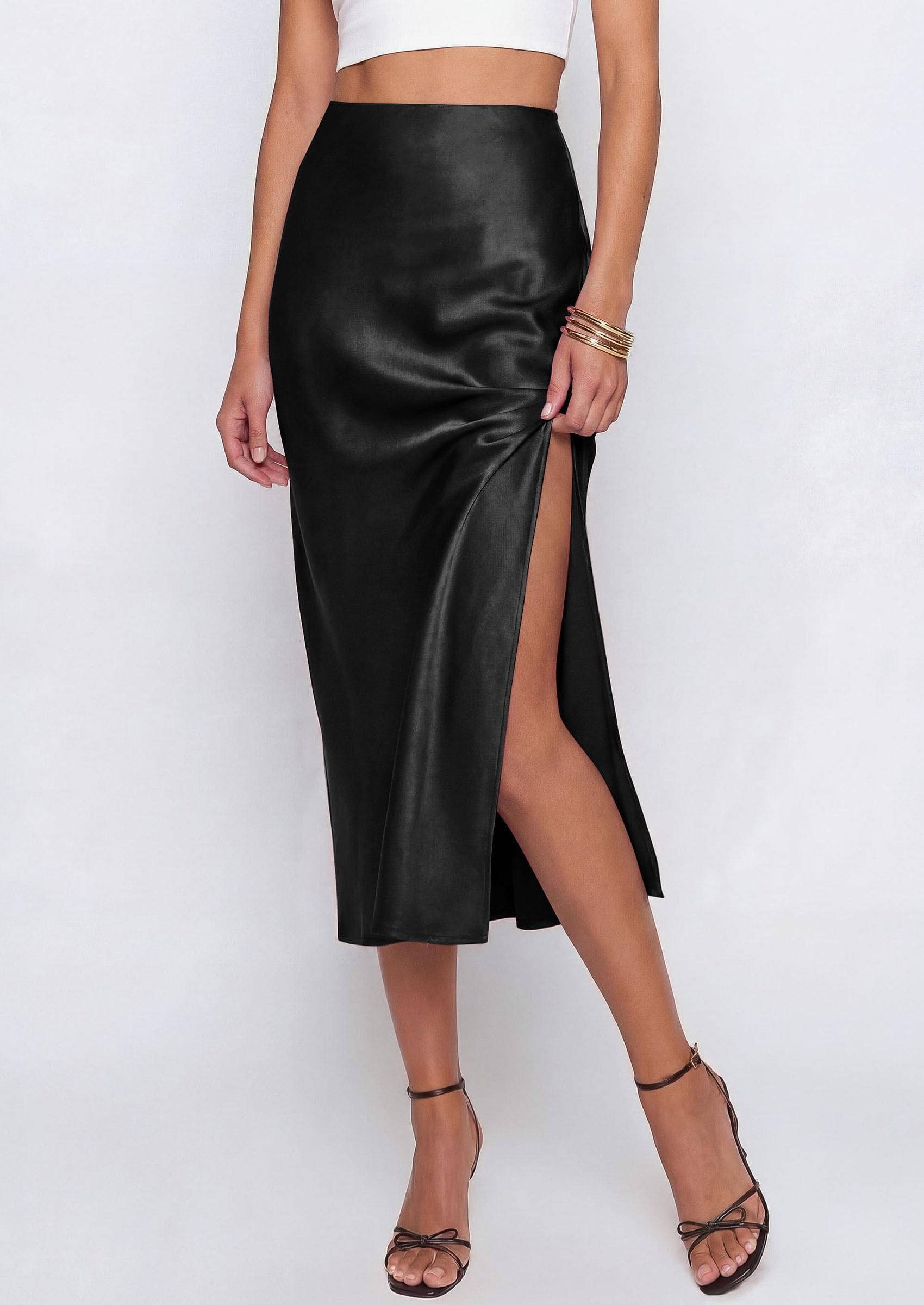 PRETTYGARDEN Womens Satin Skirt Summer Silk Business Casual High Waisted A Line Flowy Work Wedding Cocktail Midi Skirts