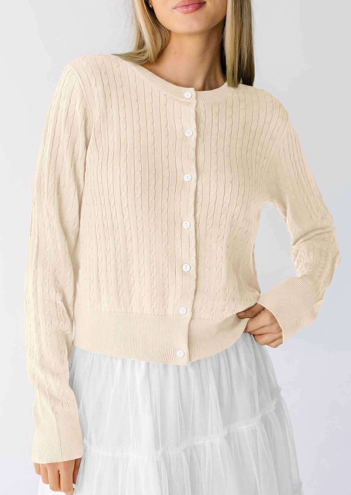 PRETTYGARDEN Women Lightweight Button Up Cardigan Sweaters | Soft Stretchy, Cozy Cable Knit, Long Sleeve Crew Neck, Trendy Cardigans, Cute Casual Outfits, Early Fall Fashion Clothing