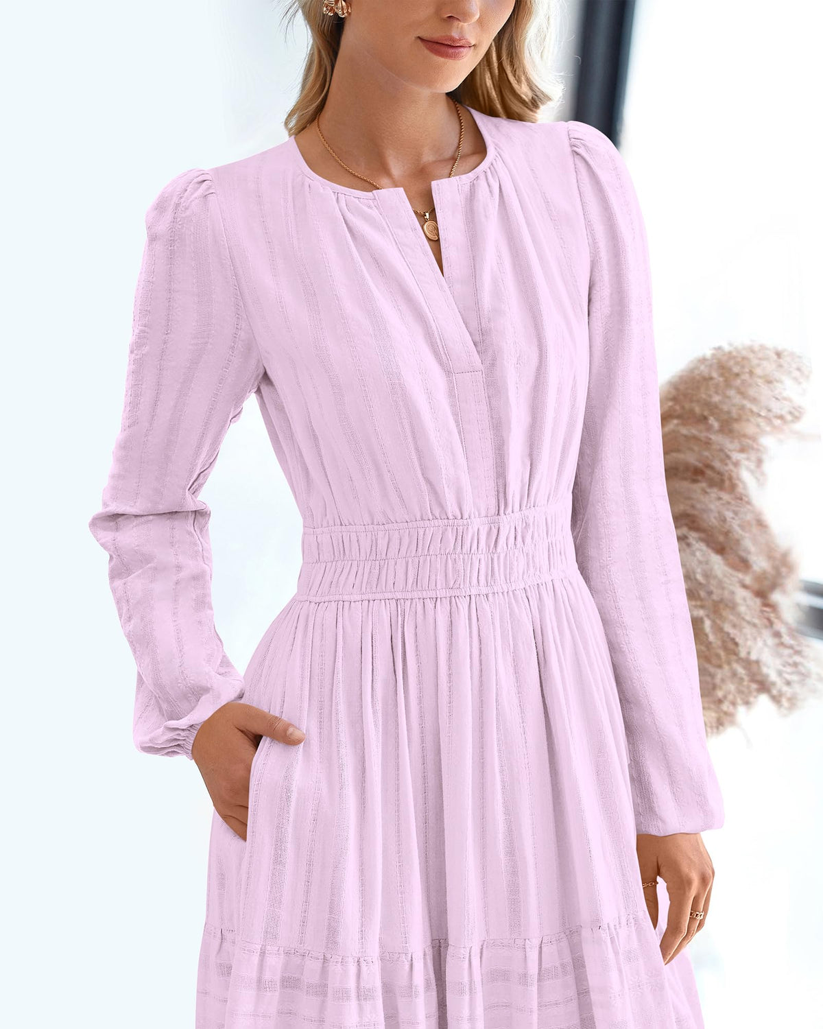 BTFBM Spring Dresses for Women 2026 Casual Long Sleeve V Neck Elastic Waist Lightweight Maxi Wedding Guest Dress Pockets