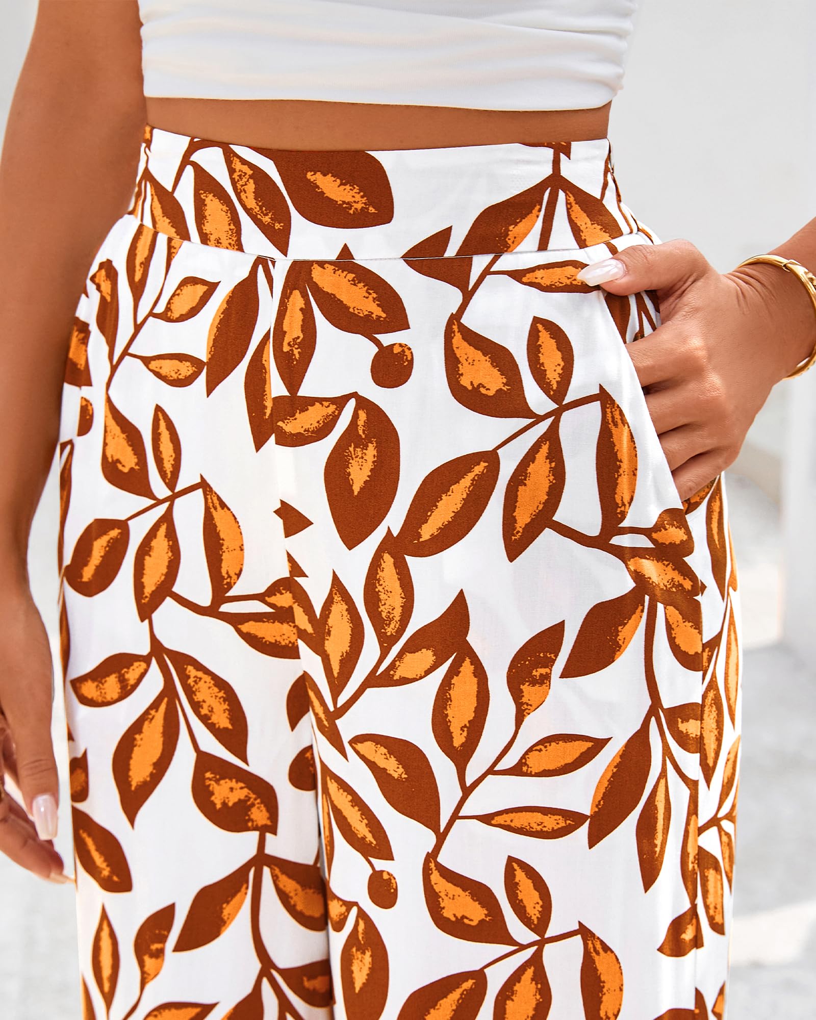 FreshPretty Womens Wide Leg Summer Pants Boho Beach Vacation Loose Elastic Waist Printed Palazzo Pant Pockets