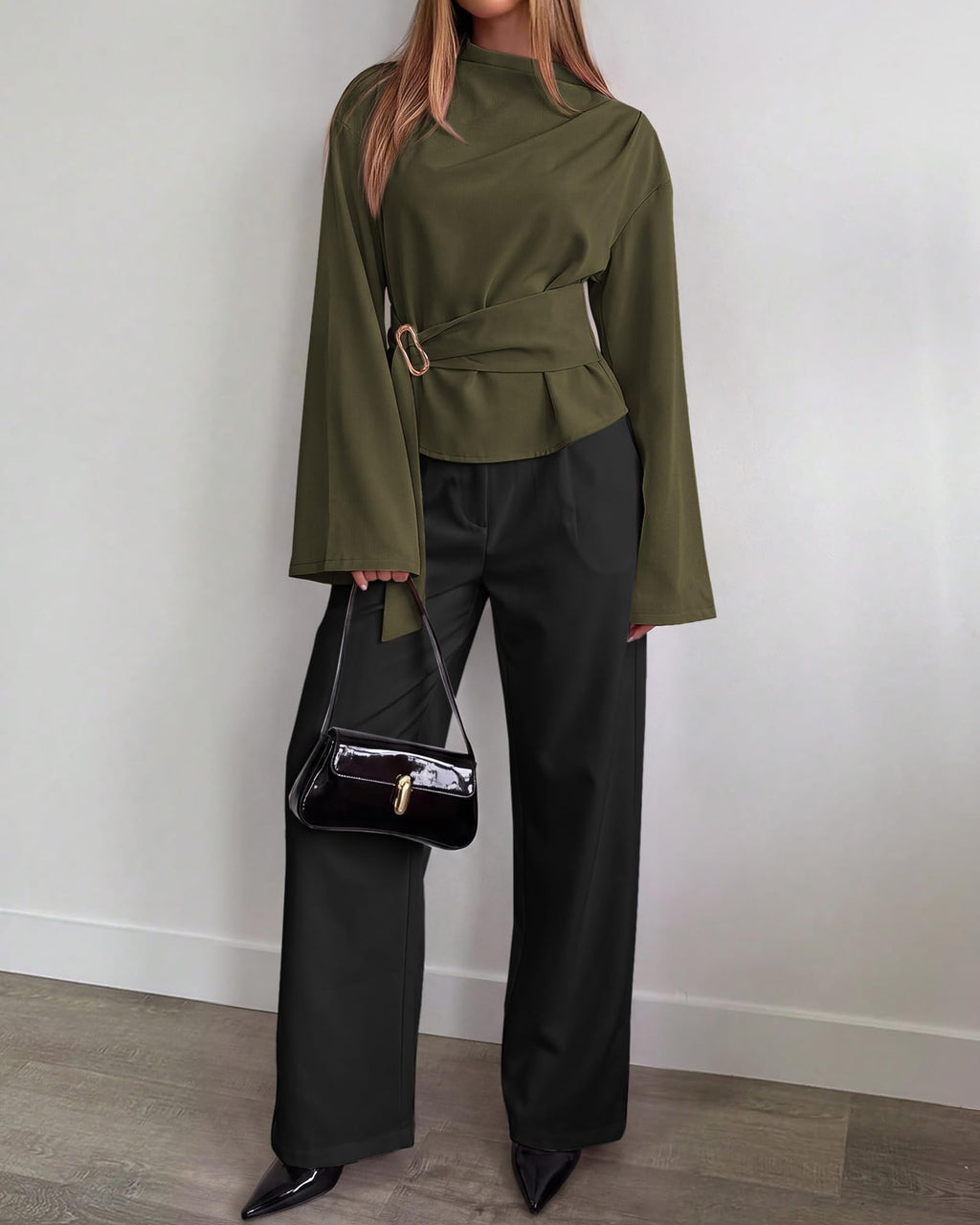 BTFBM Women Business Casual Blouses Bell Long Sleeve Tie Waist Top Mock Neck Back Zipper Shirt, Elegant Dressy Buckle Tunic, Going Out Tops, Work Office Shirts, Early Fall Fashion