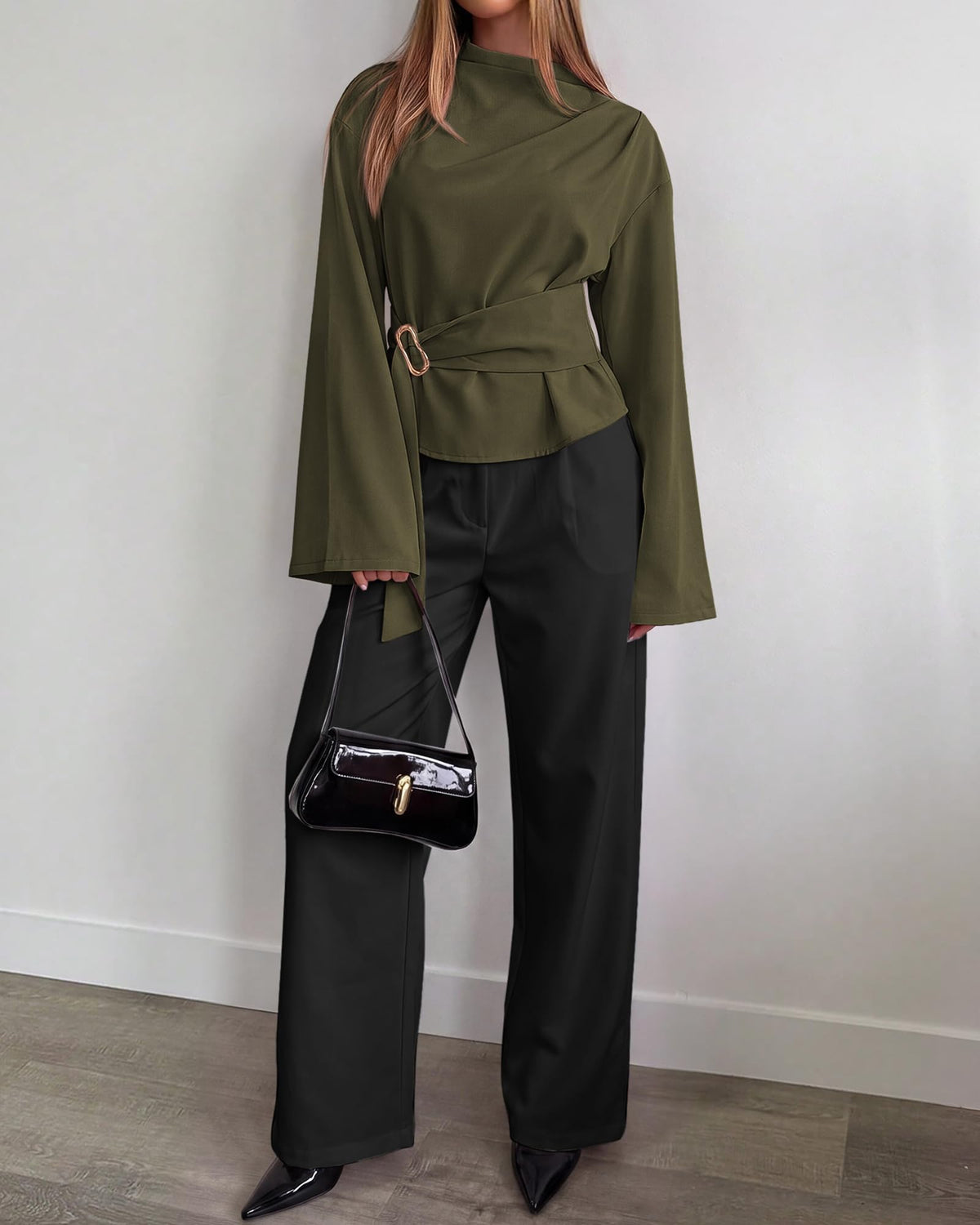 BTFBM Women Business Casual Blouses Bell Long Sleeve Tie Waist Top Mock Neck Back Zipper Shirt, Elegant Dressy Buckle Tunic, Going Out Tops, Work Office Shirts, Early Fall Fashion
