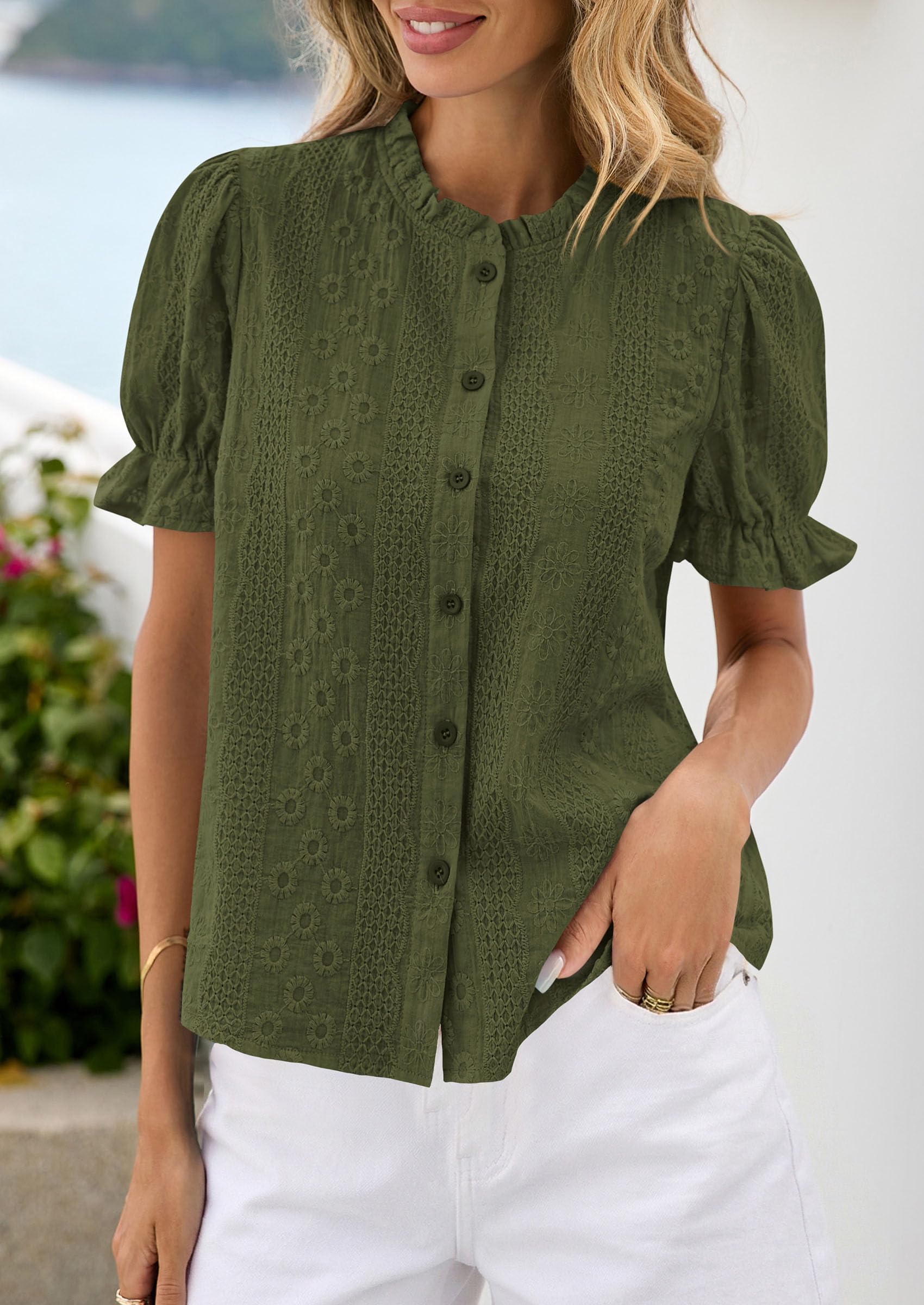 PRETTYGARDEN Womens Puff Short Sleeve Tops  Summer Spring Button Down Boho Embroidered Cute Blouse Dressy Casual Shirts