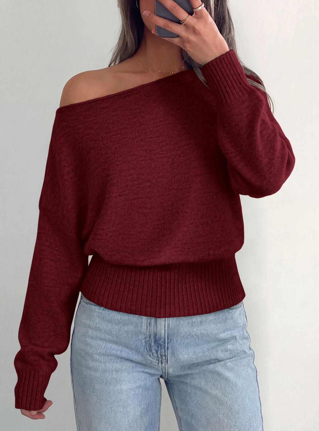 PRETTYGARDEN Womens Off The Shoulder Sweater Fall Fashion Soft Stretchy Knit Fabric, Batwing Long Sleeve Cinched Waist Cropped Sweaters, Date Night Outfit, Asymmetrical Going Out Tops