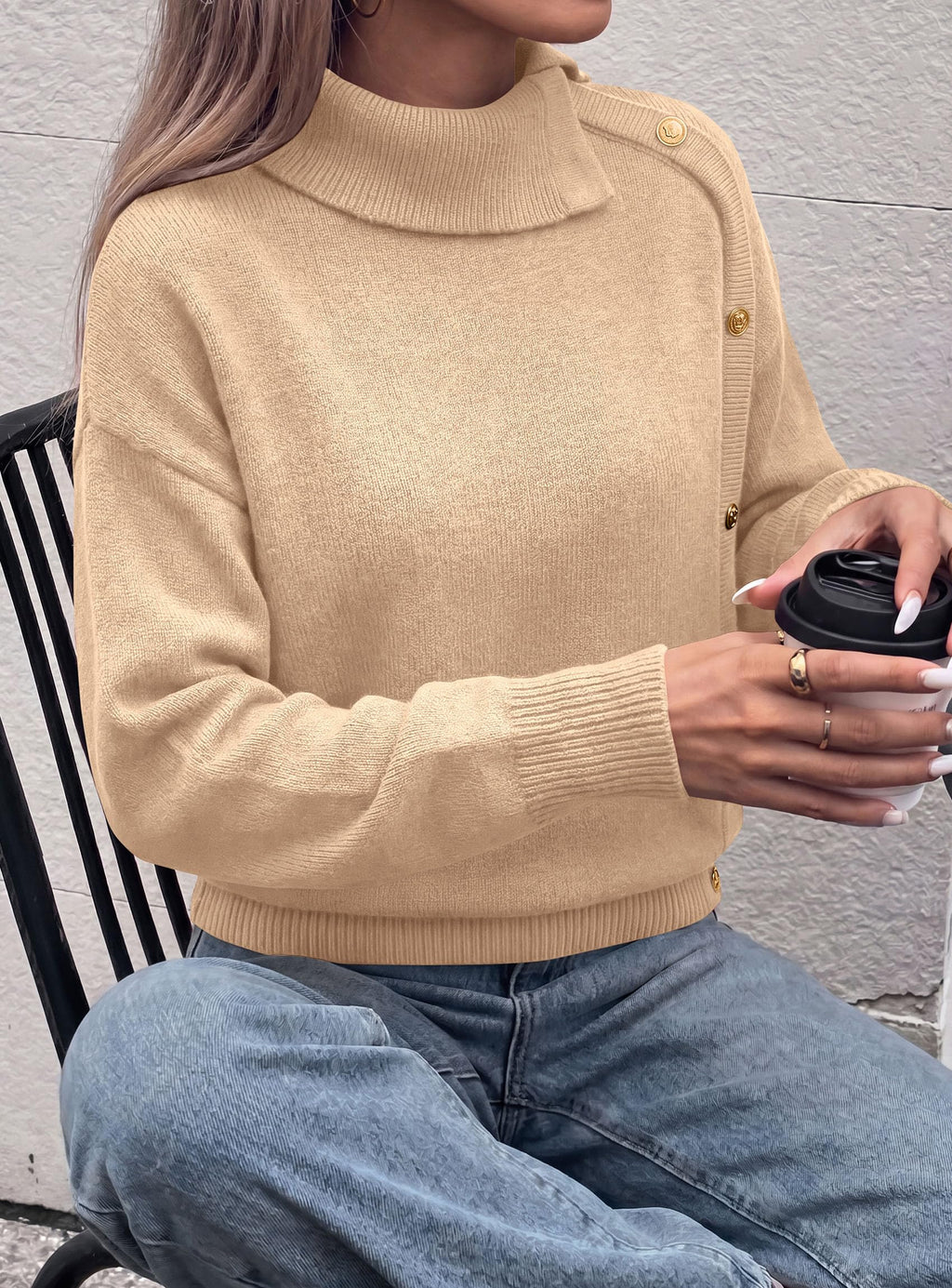 PRETTYGARDEN Womens Turtleneck Sweater Pullover Side Button Fall Clothes Stretchy Knit,Dropped Shoulder,Ribbed Cuffs,Asymmetrical,Jumper Long Sleeve Tops,Work Offices